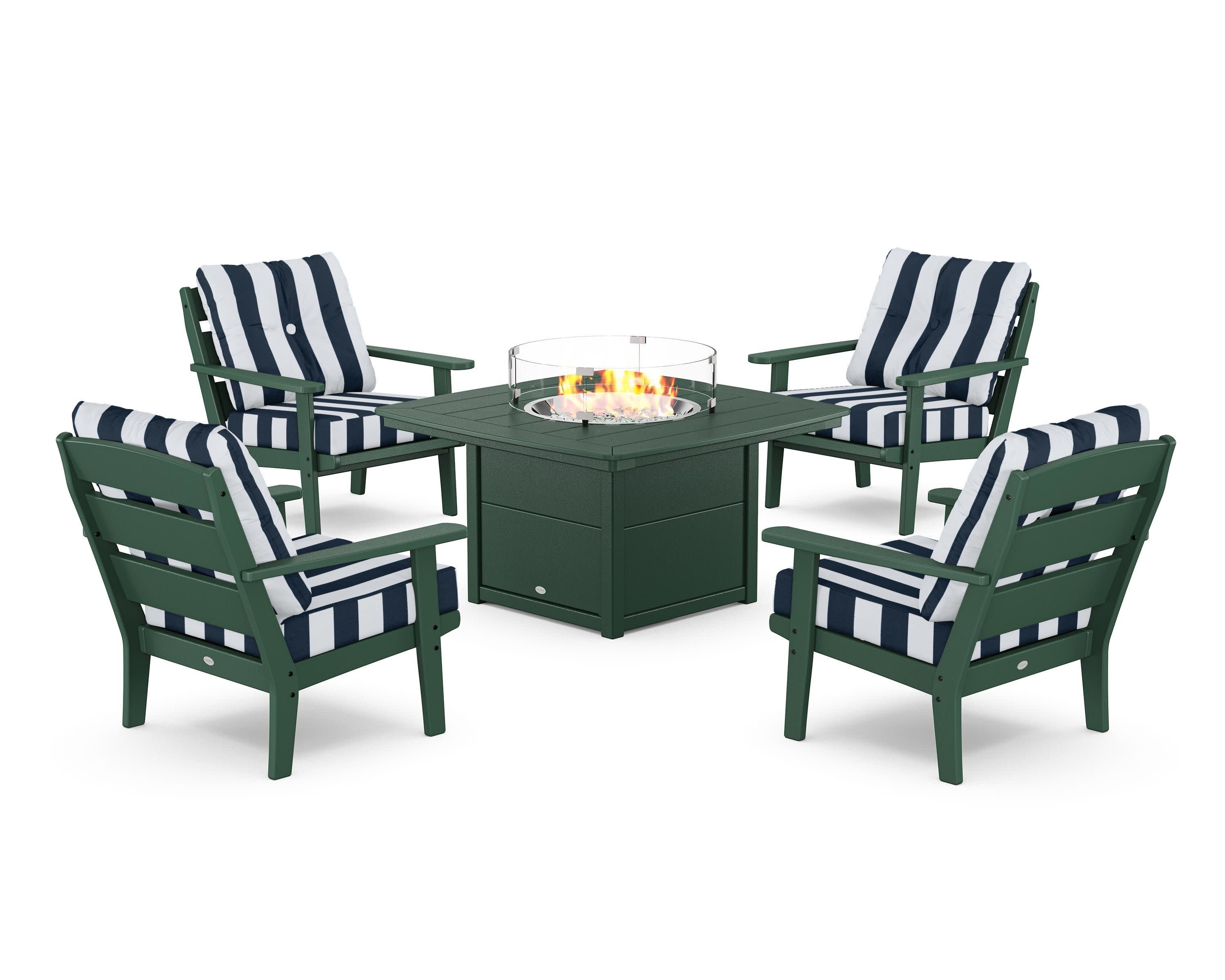 Lakeside 5-Piece Deep Seating Set with Nautical Fire Pit Table in Green / Cabana Stripe Marine Indigo