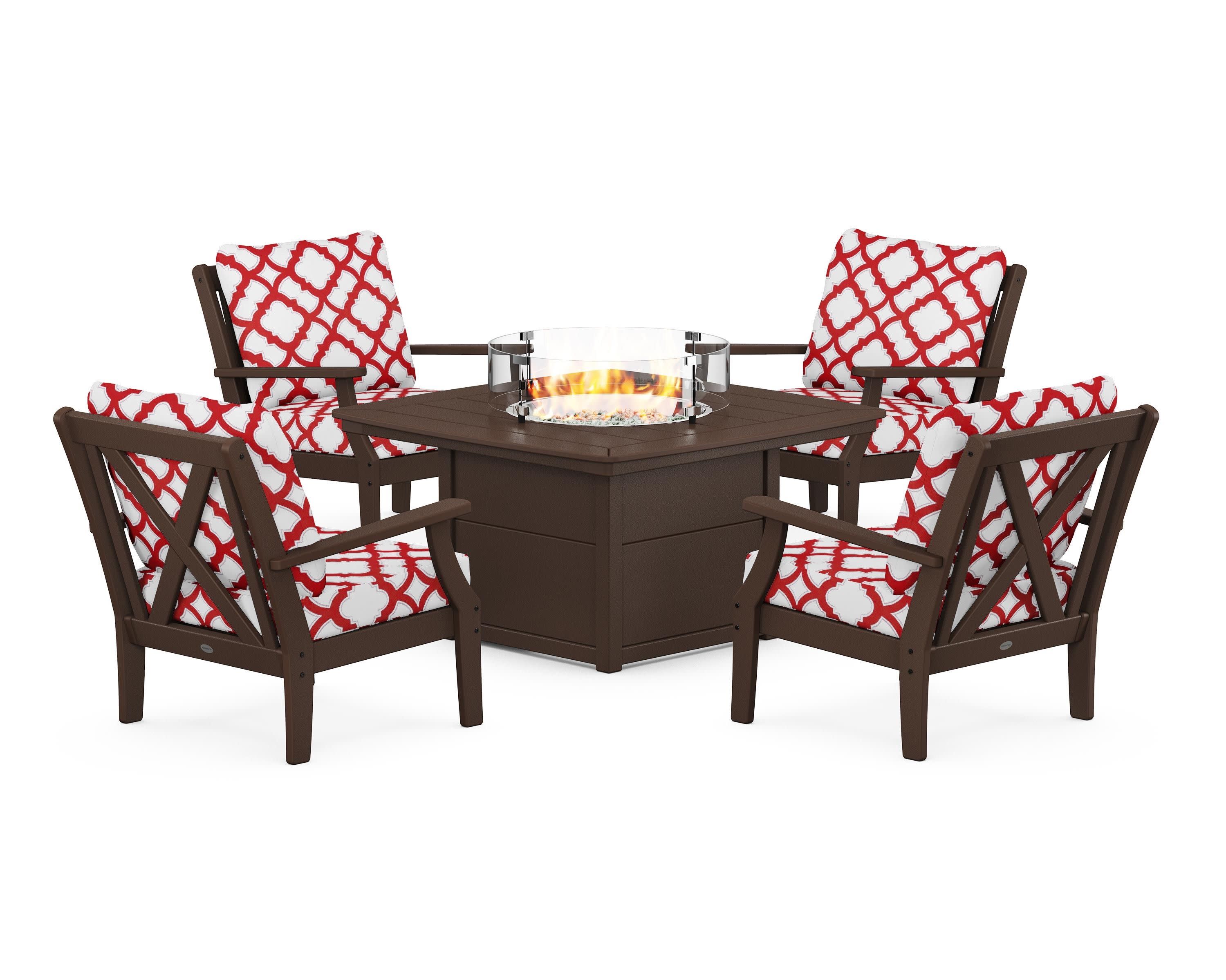 Braxton 5-Piece Deep Seating Conversation Set with Fire Pit Table in Mahogany / Trellis Crimson