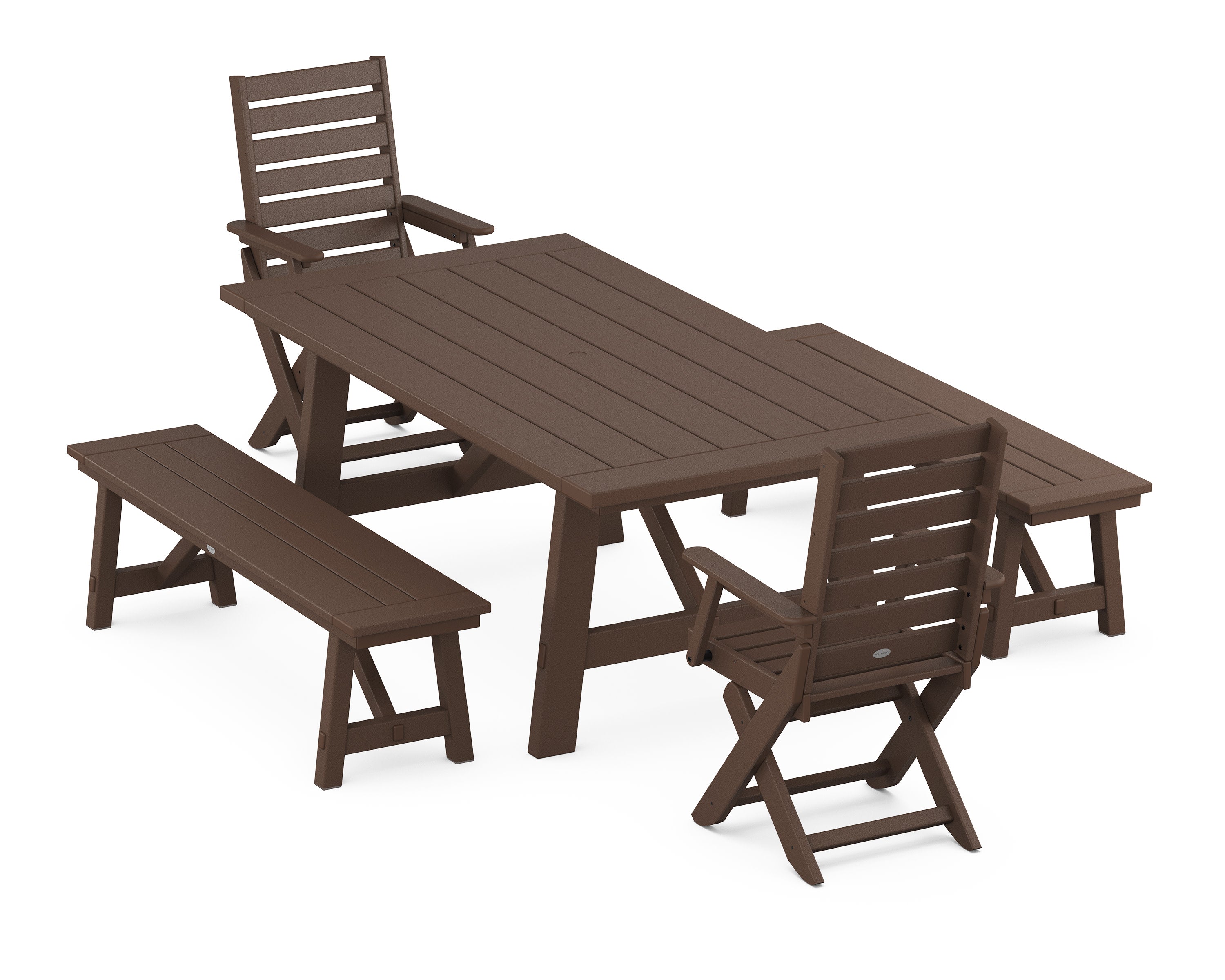 Captain Folding Chair 5-Piece Rustic Farmhouse Dining Set With Benches in Mahogany