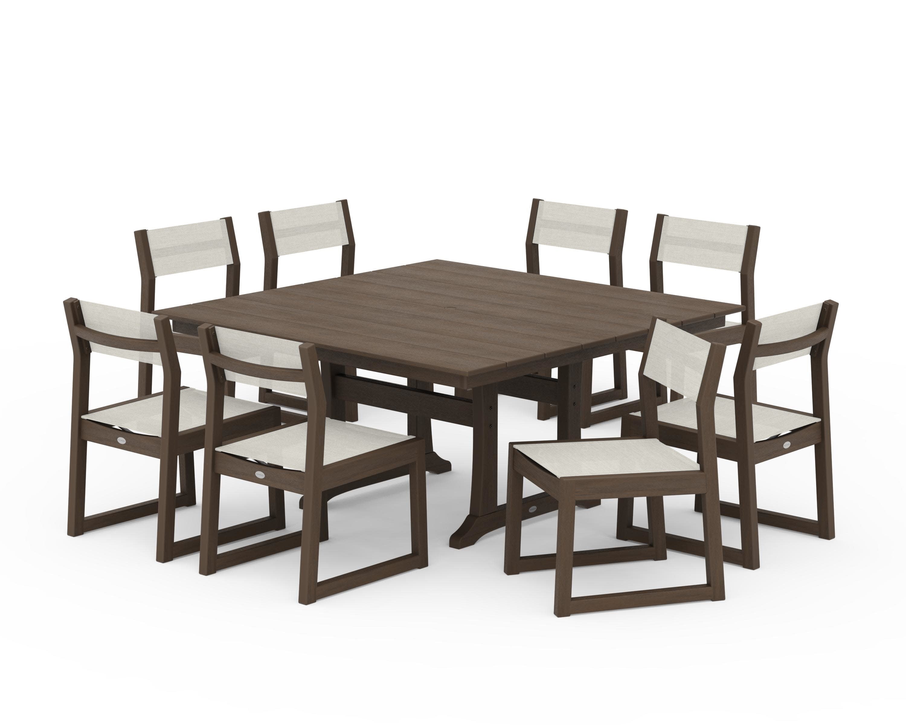 EDGE Sling Side Chair 9-Piece Farmhouse Trestle Dining Set in Kona / Parchment Sling