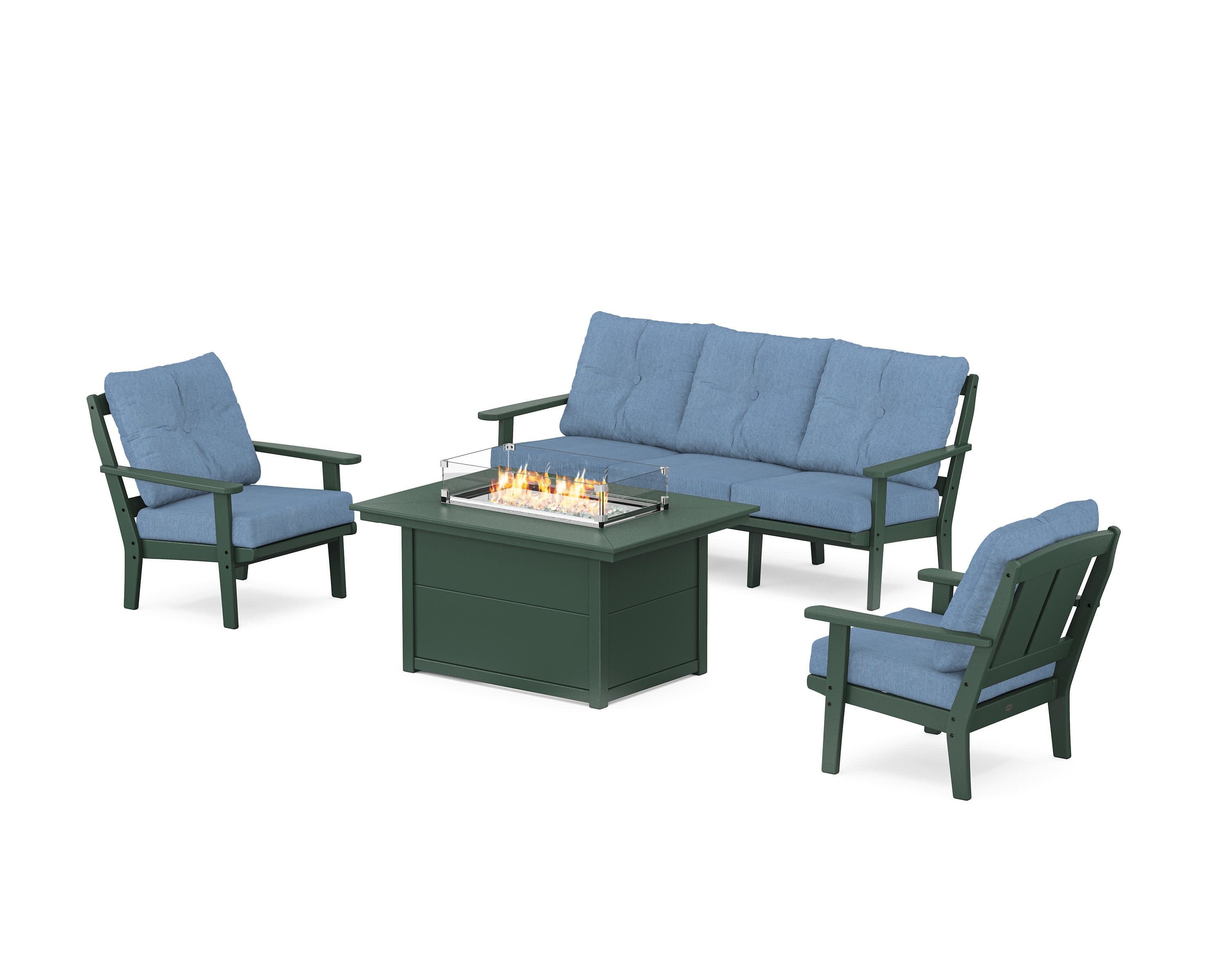 Mission Deep Seating Fire Pit Table Set in Green / Sky Blue