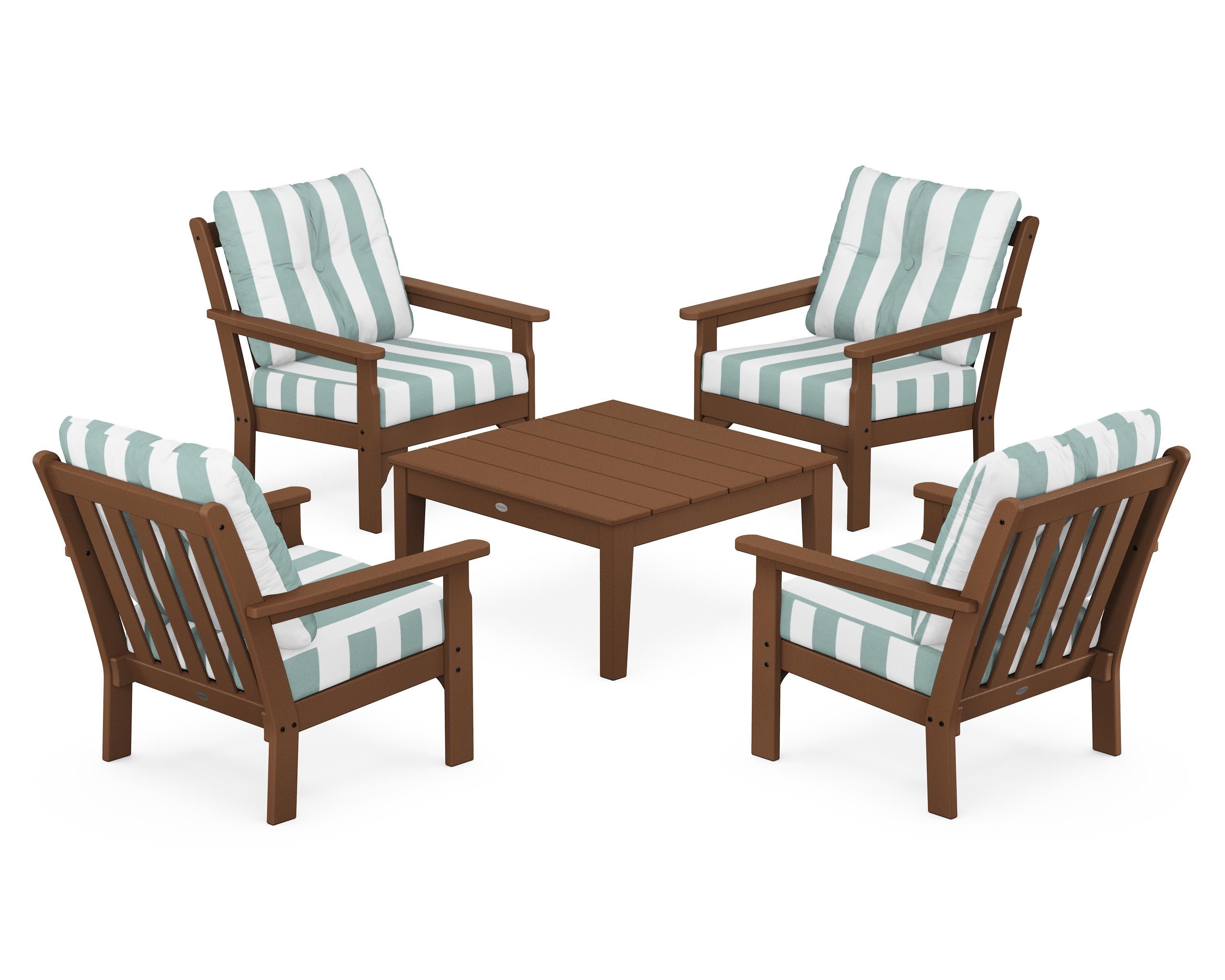 Vineyard 5-Piece Deep Seating Conversation Set in Teak / Cabana Stripe Glacier Spa
