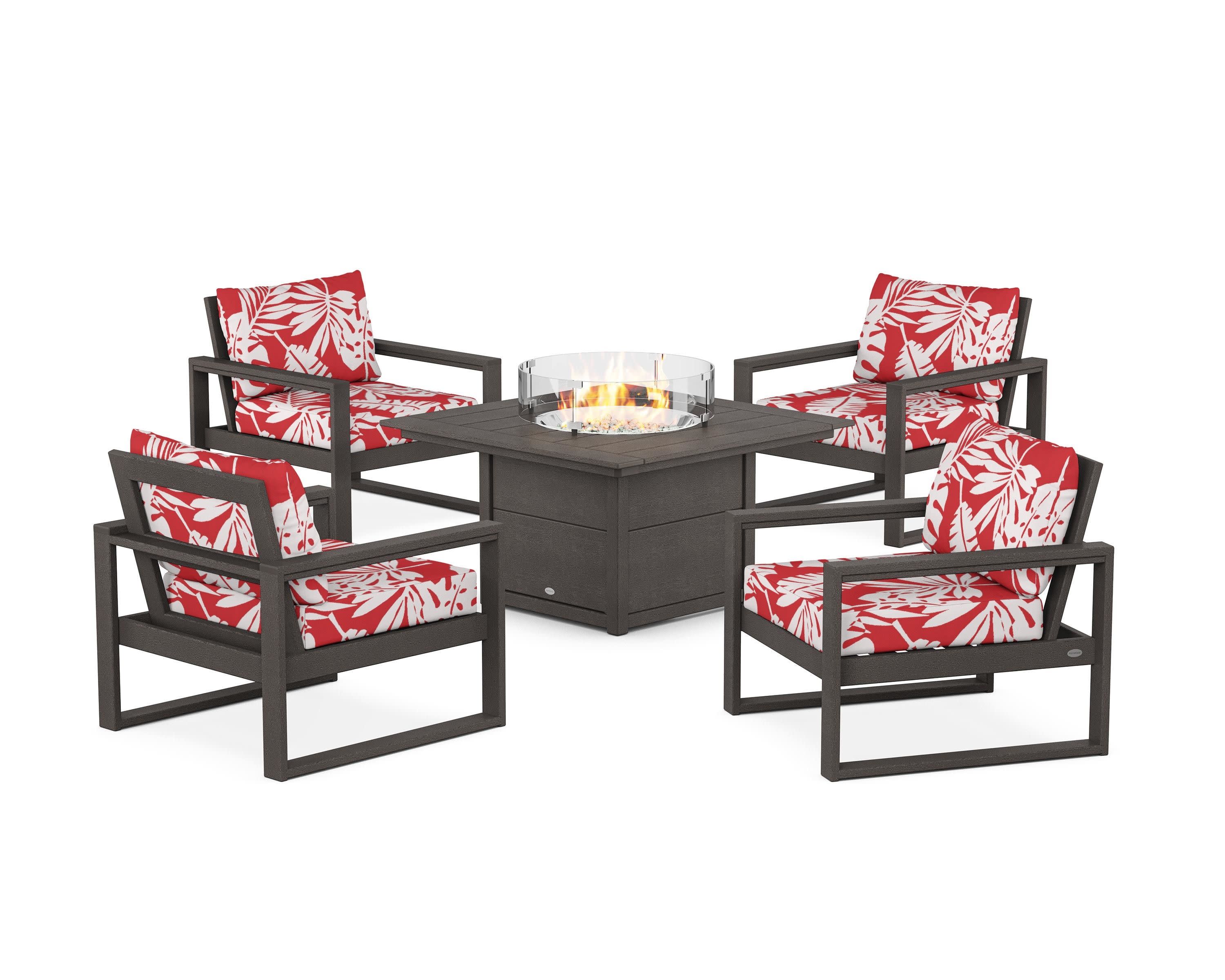 EDGE Sectional 5-Piece Deep Seating Set with Fire Pit Table in Vintage Coffee / Leaf Crimson