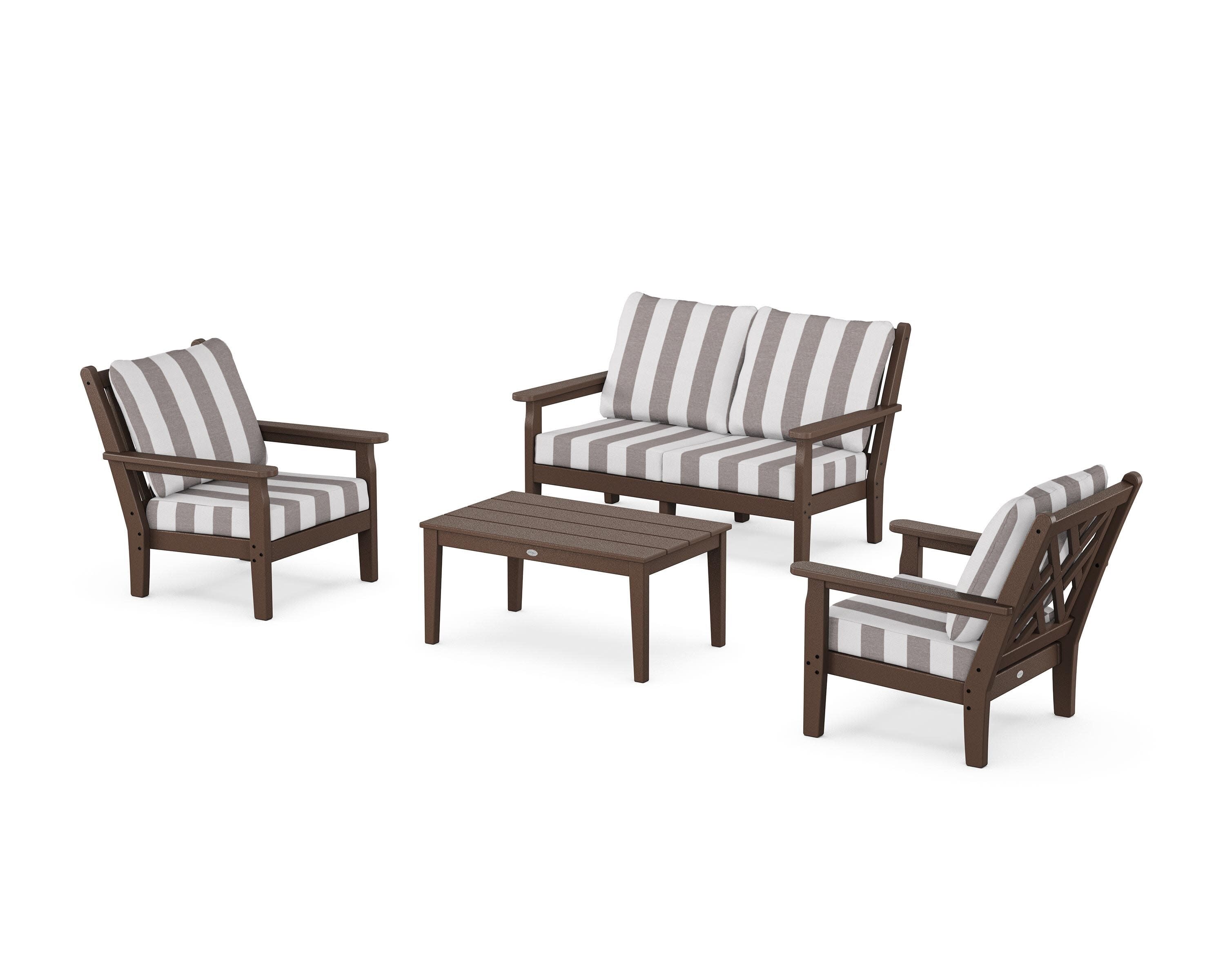 Chippendale 4-Piece Deep Seating Set with Loveseat in Mahogany / Cabana Stripe Grey Mist