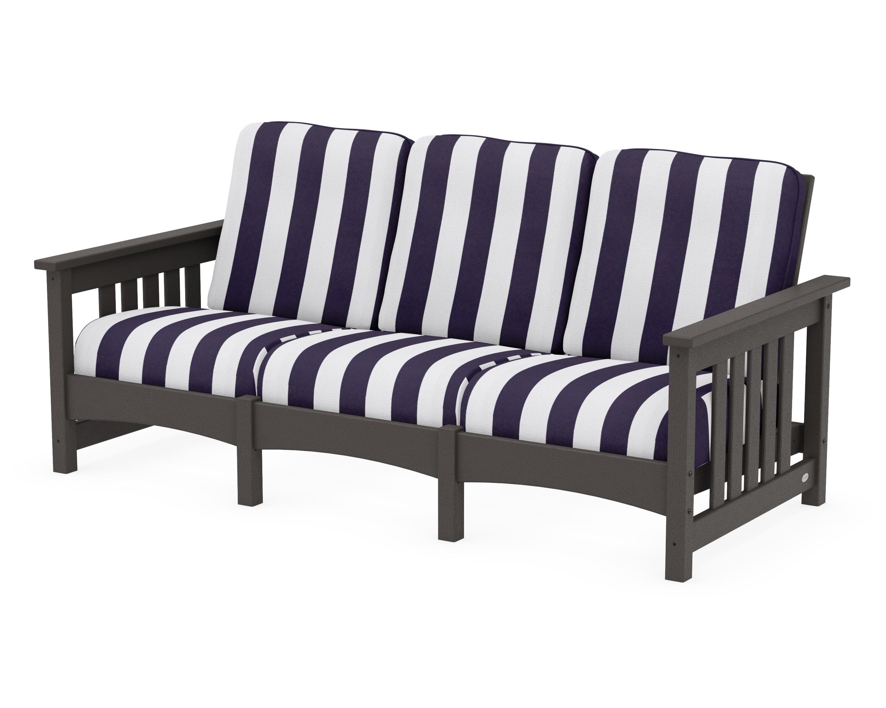 Club Mission Sofa in Vintage Coffee / Cabana Stripe Navy