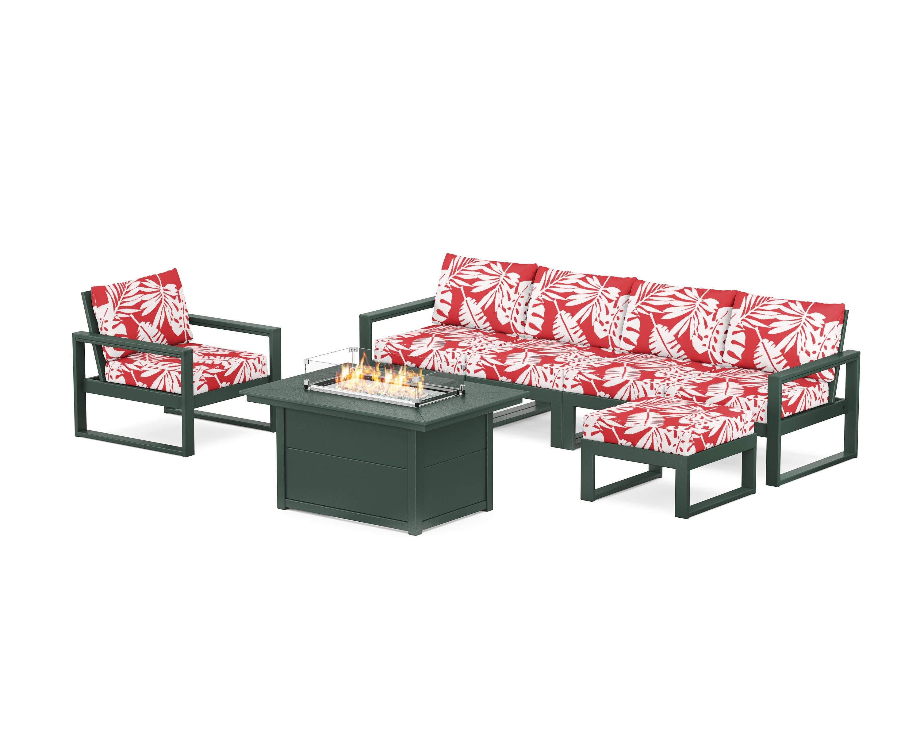 EDGE Sectional Lounge and Fire Pit Set in Green / Leaf Crimson