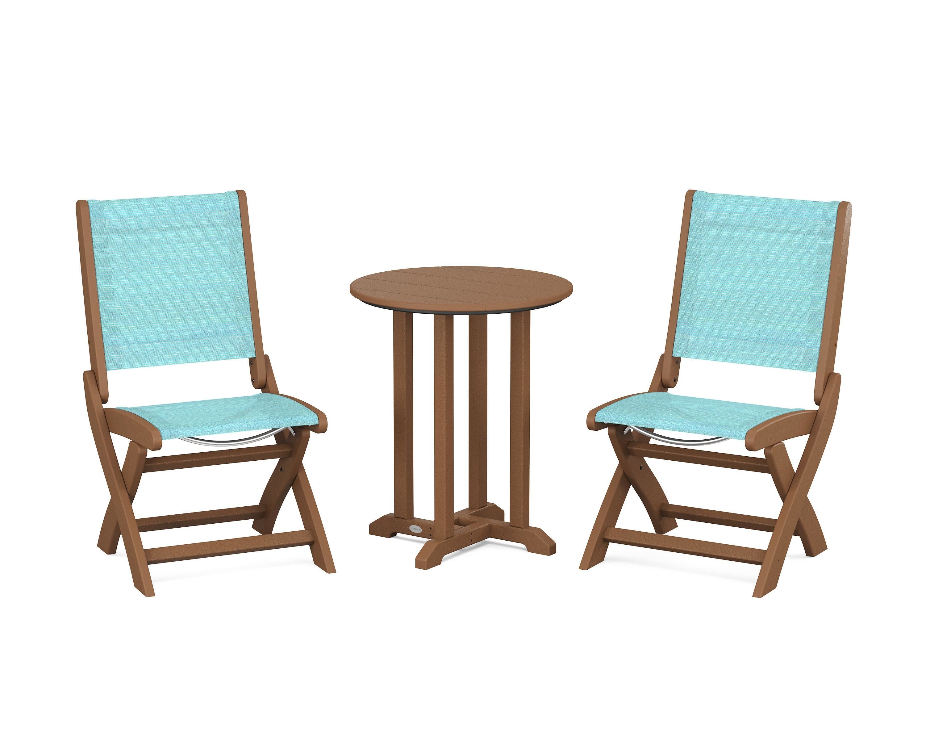 Coastal Folding Side Chair 3-Piece Round Bistro Dining Set in Teak / Dupioni Aquamarine Sling
