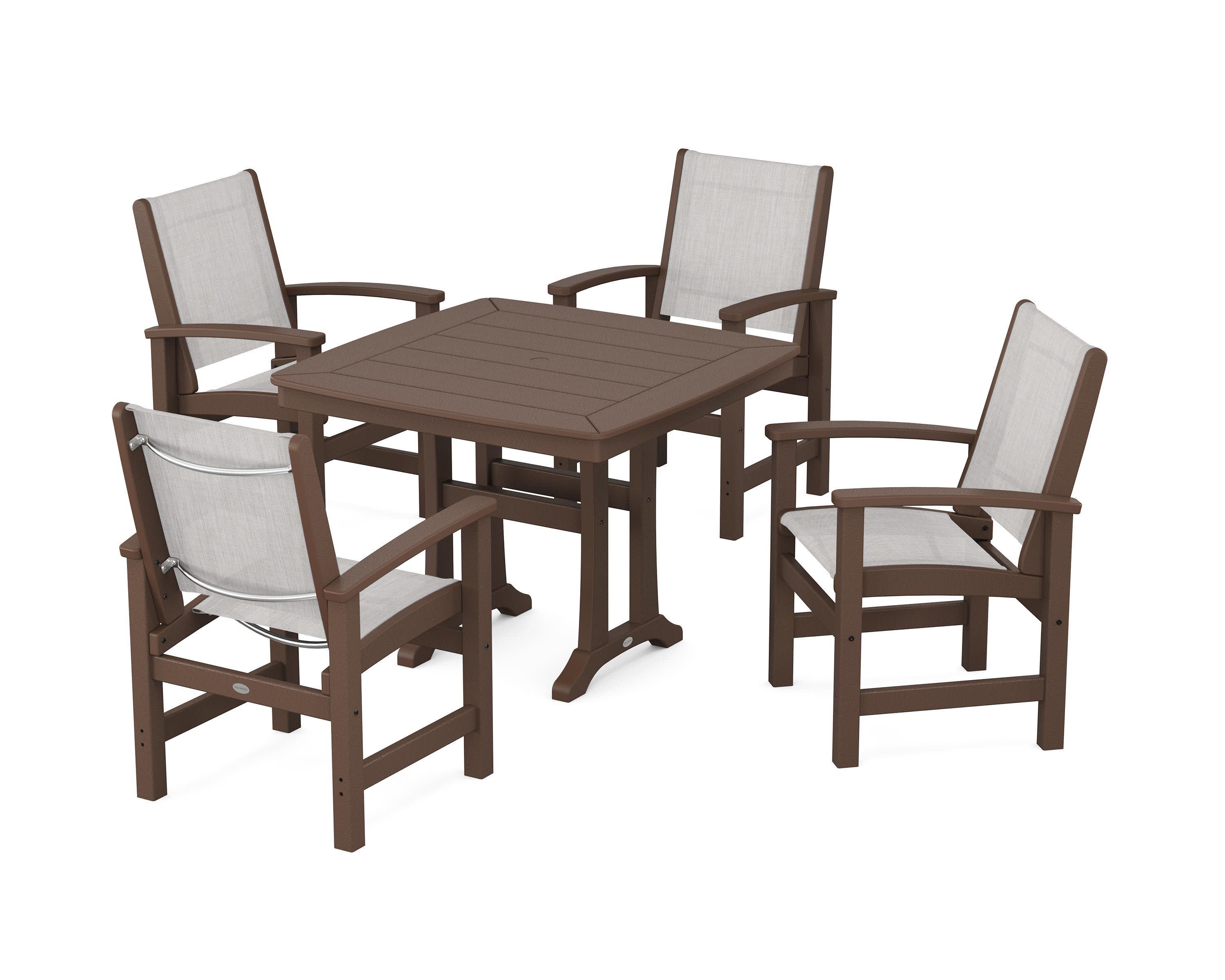Coastal 5-Piece Dining Set with Trestle Legs in Mahogany / Parchment Sling