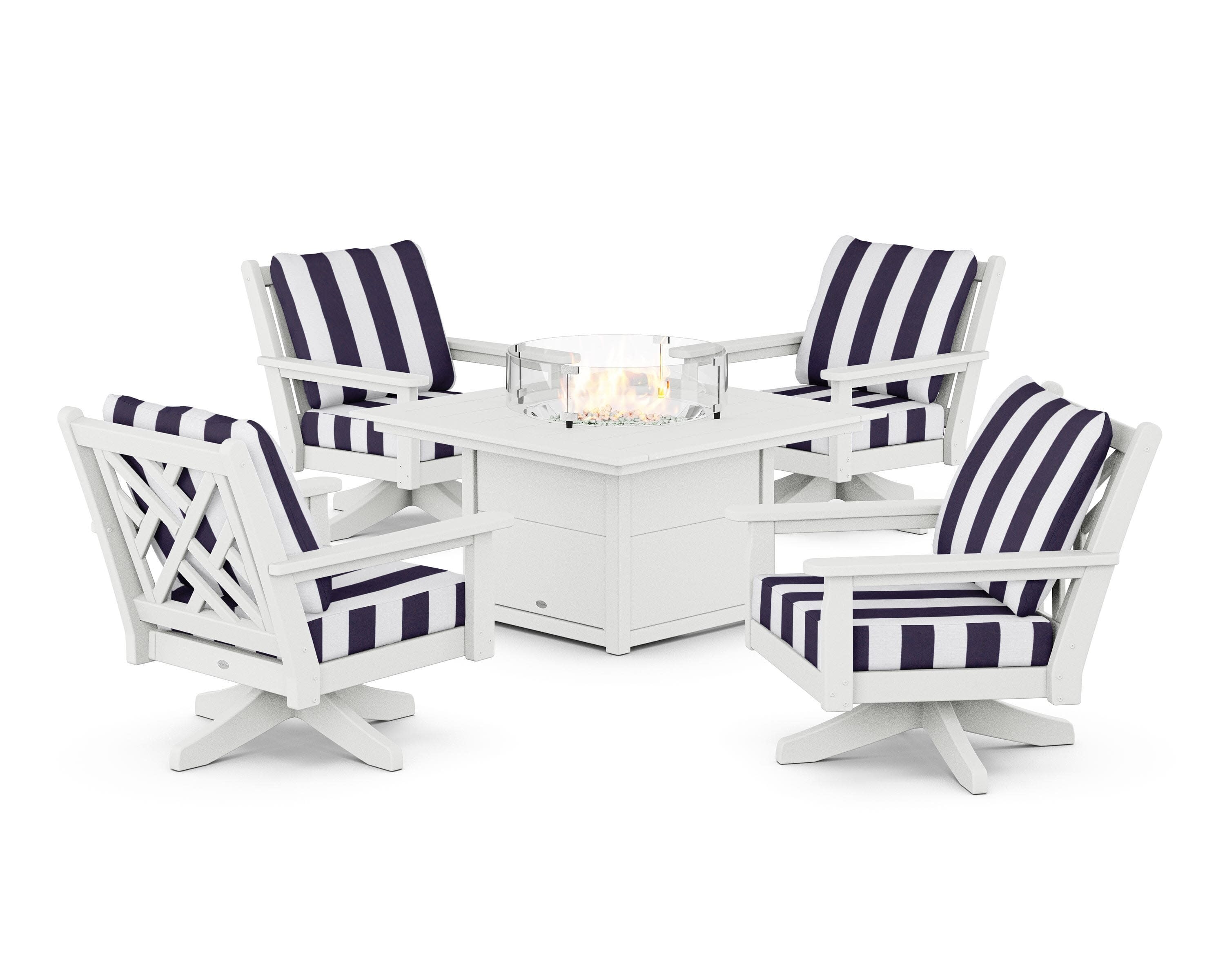 Chippendale 5-Piece Deep Seating Swivel Conversation Set with Fire Pit Table in White / Cabana Stripe Navy