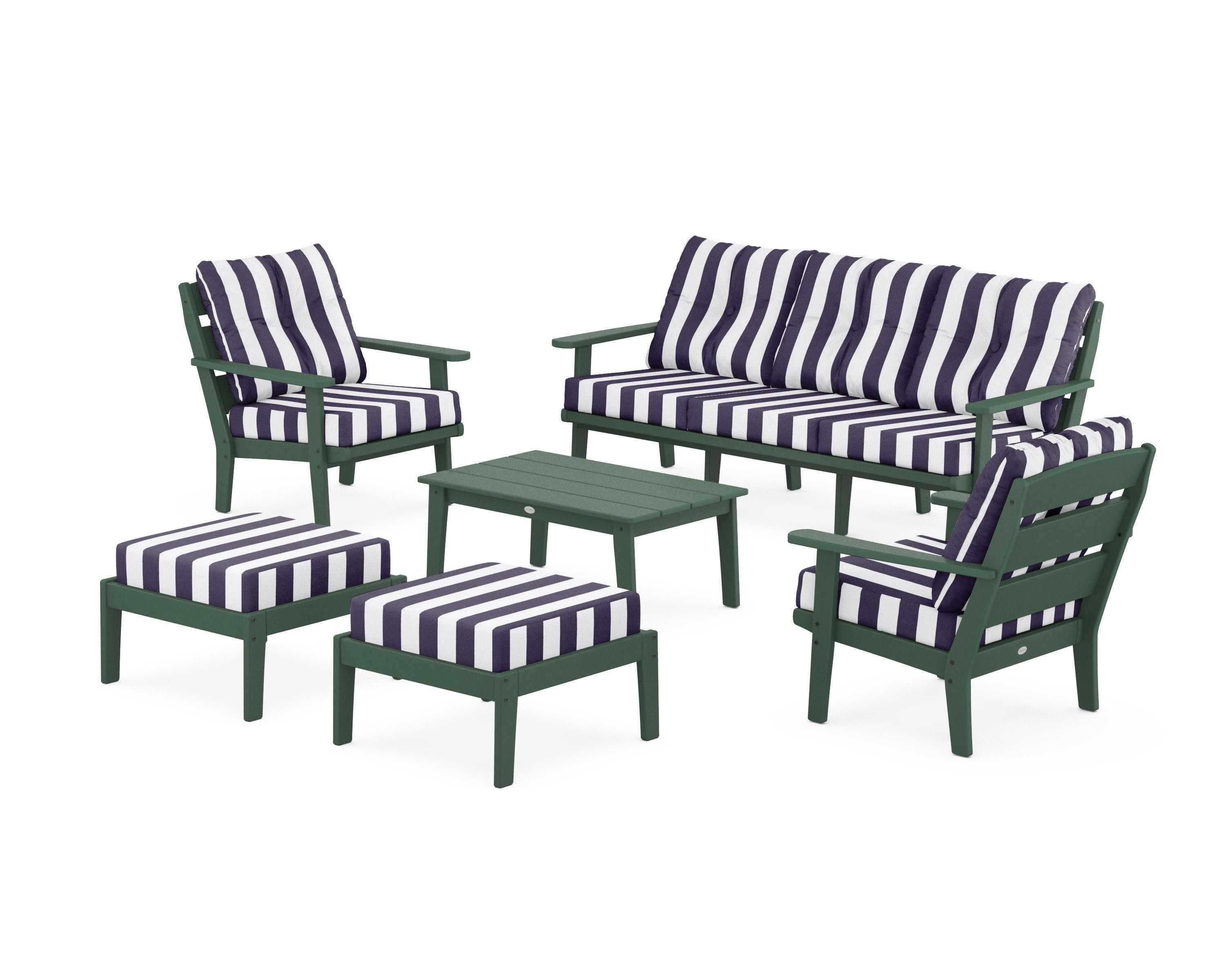 Lakeside 6-Piece Lounge Sofa Set in Green / Cabana Stripe Navy