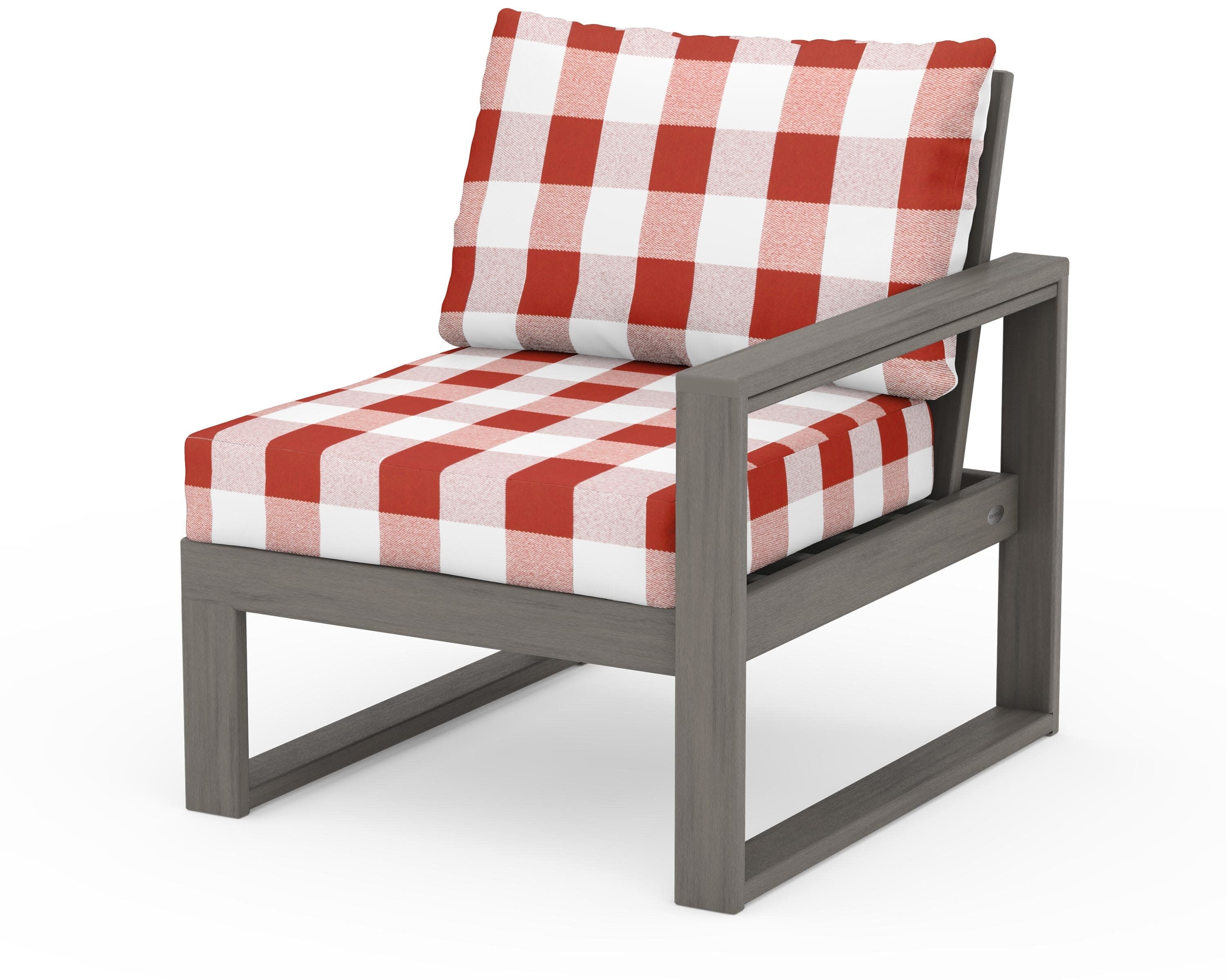 EDGE Modular Right Arm Chair in Driftwood / Buffalo Plaid Crimson