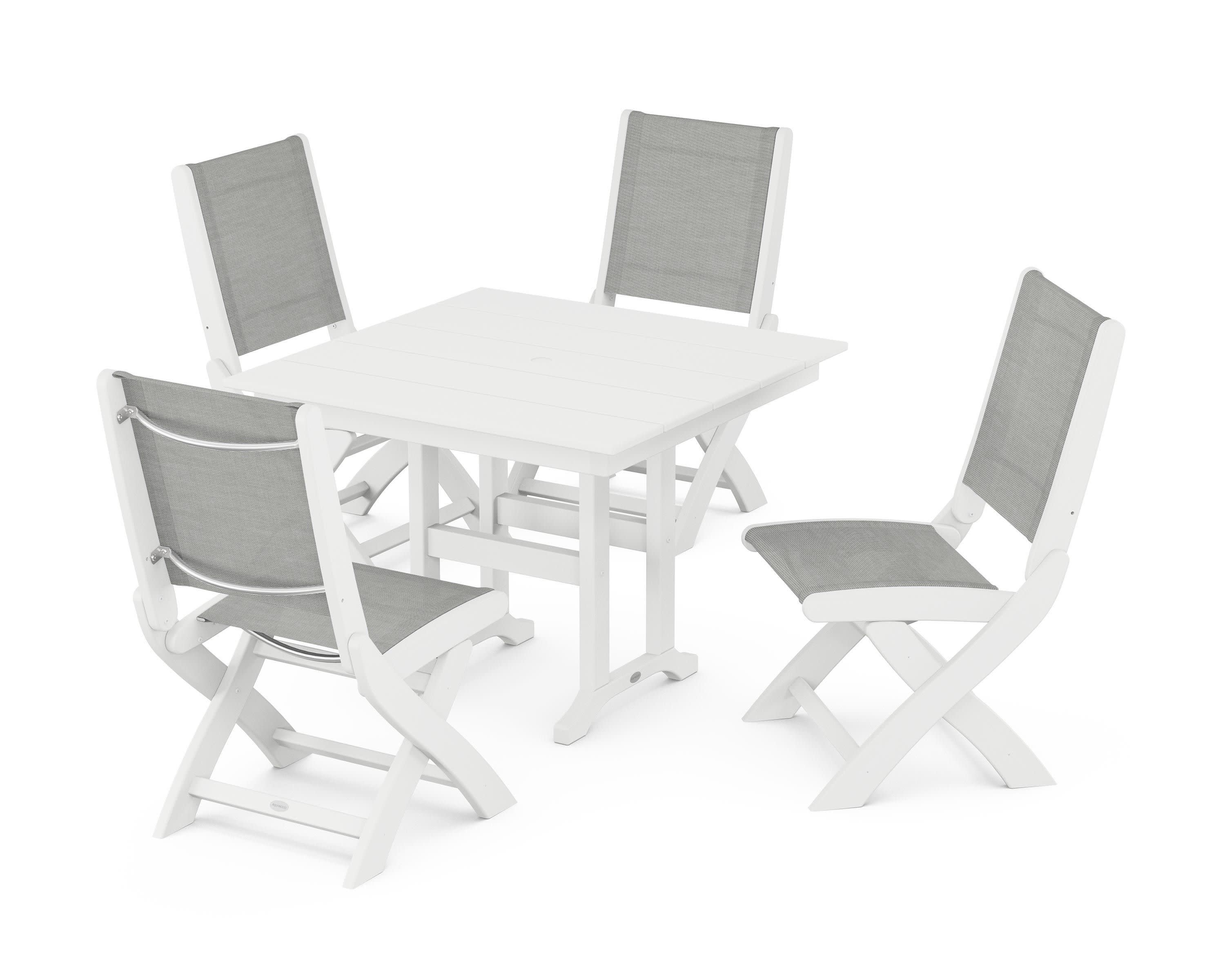 Coastal Folding Side Chair 5-Piece Farmhouse Dining Set in White / Metallic Sling
