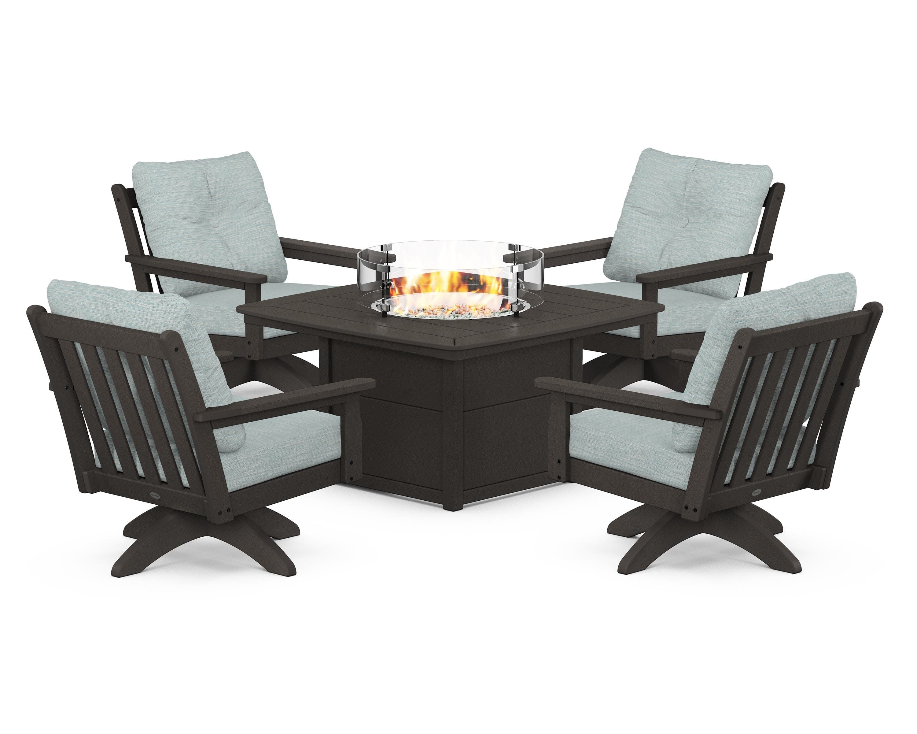 Vineyard 5-Piece Deep Seating Swivel Conversation Set with Fire Pit Table in Vintage Coffee / Soothe Mist