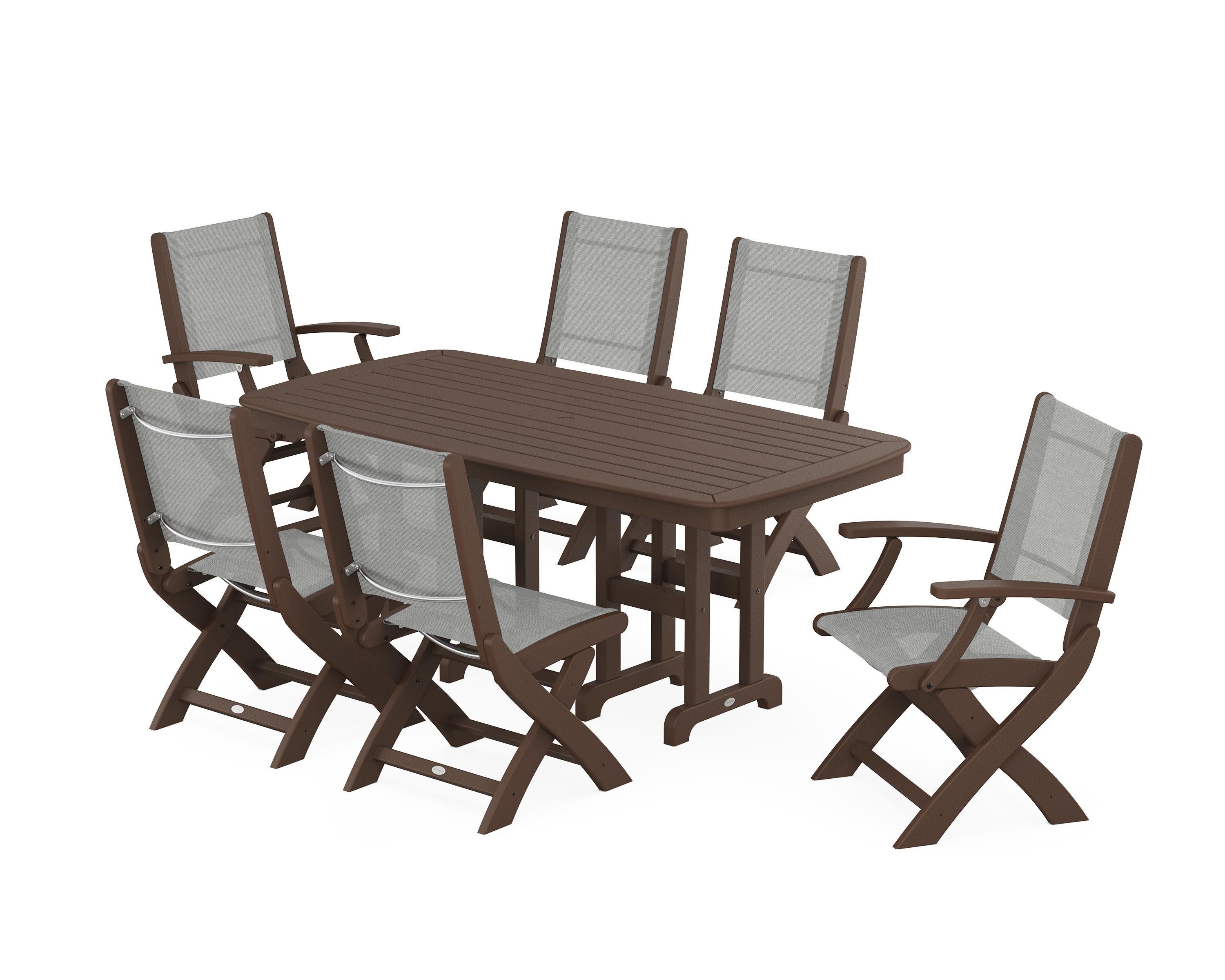 Coastal Folding Chair 7-Piece Dining Set in Mahogany / Metallic Sling