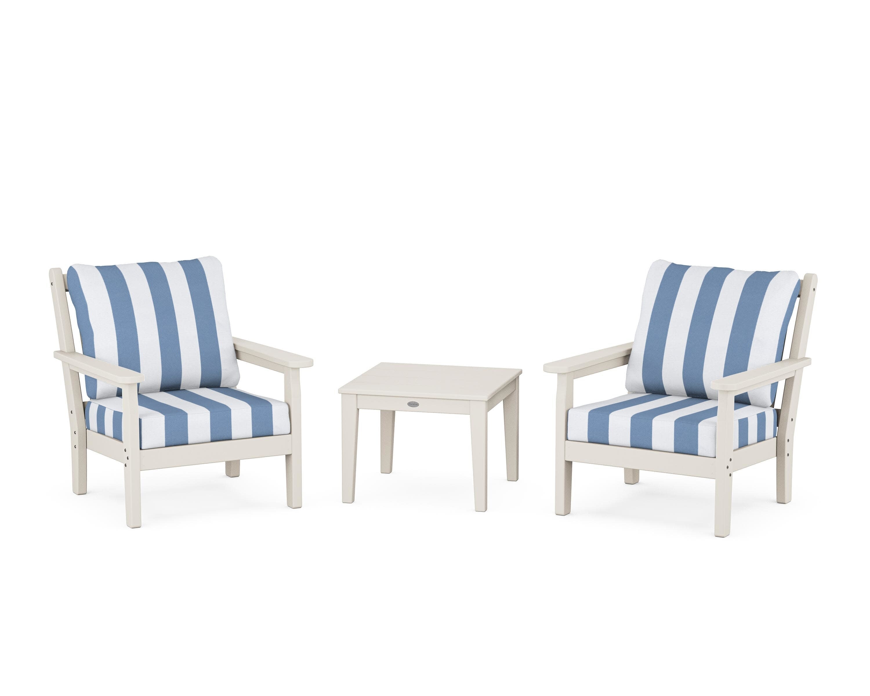 Chippendale 3-Piece Deep Seating Set in Sand / Cabana Stripe Sky Blue
