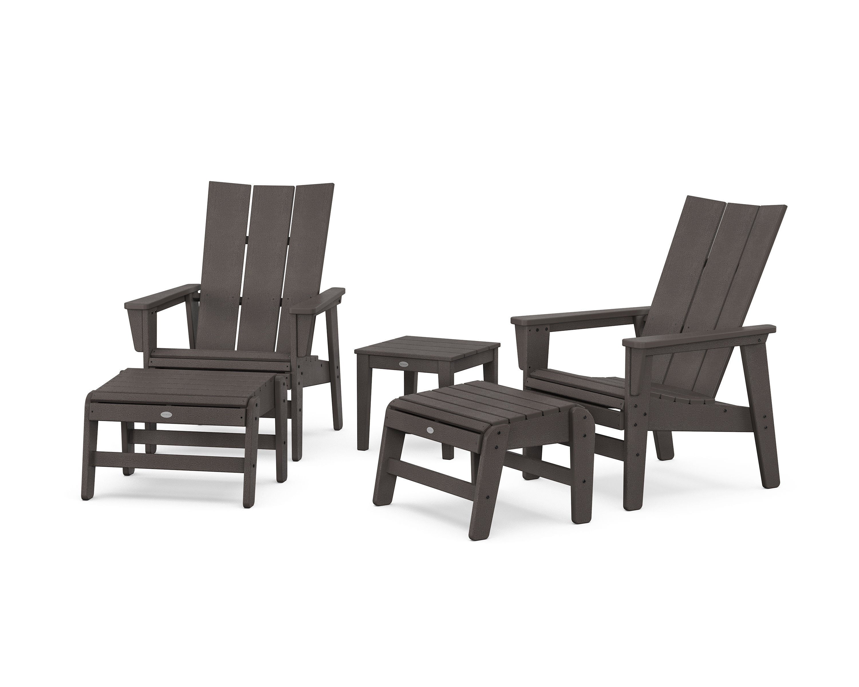 5-Piece Modern Grand Upright Adirondack Set with Ottomans and Side Table in Vintage Coffee