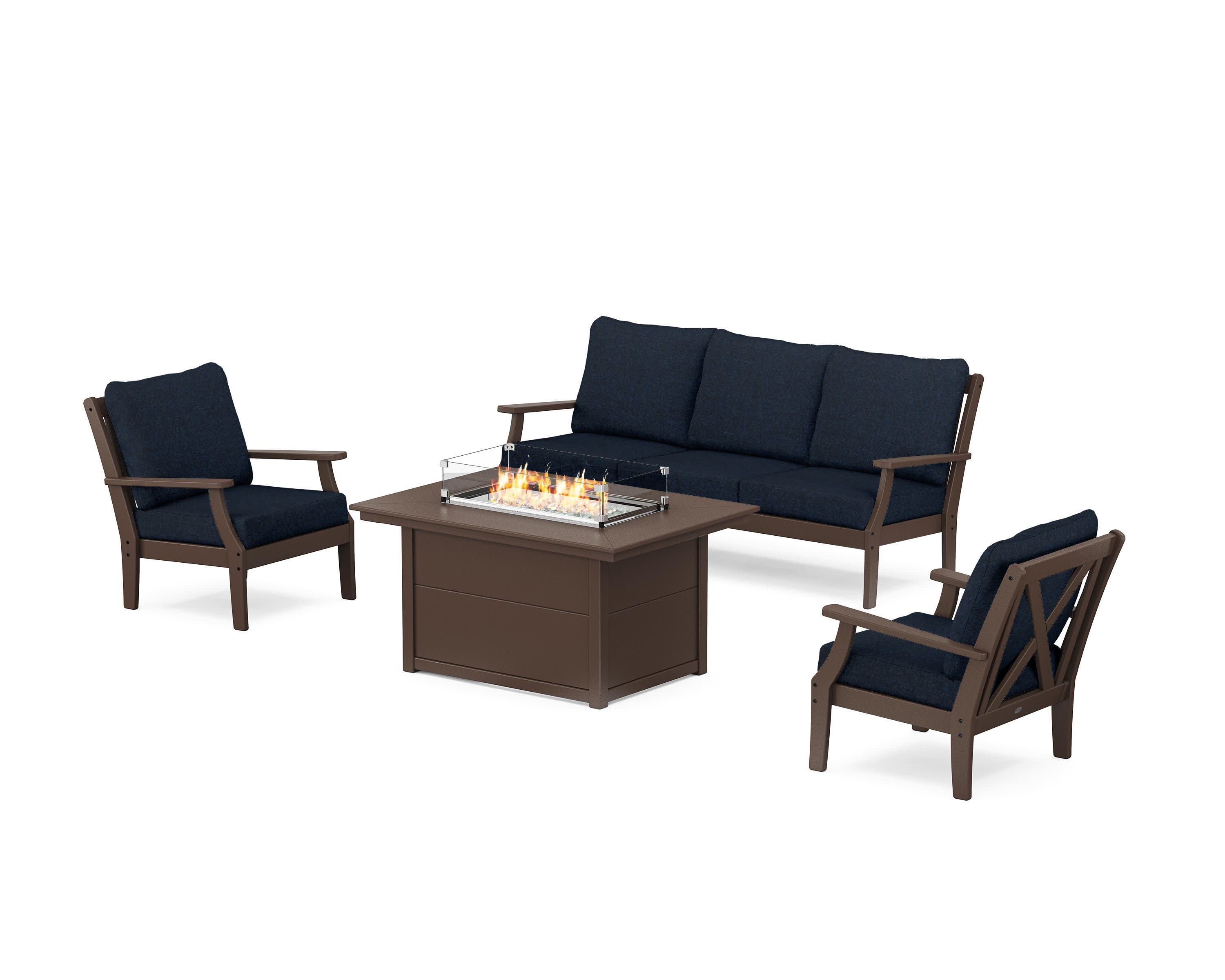 Braxton Deep Seating Fire Pit Table Set in Mahogany / Marine Indigo