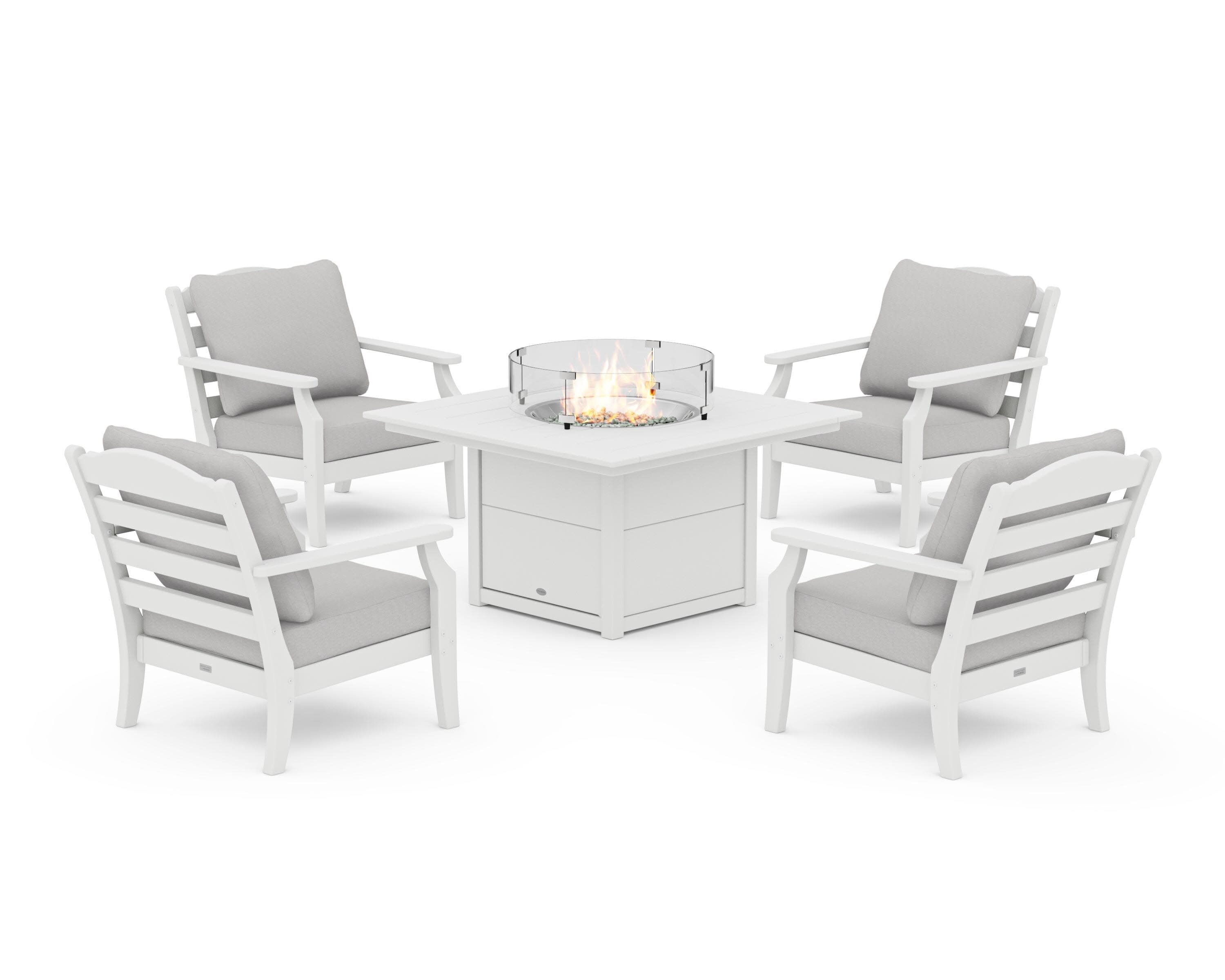 Savannah 5-Piece Deep Seating Set with Fire Pit Table in White / Diamond in the Rough