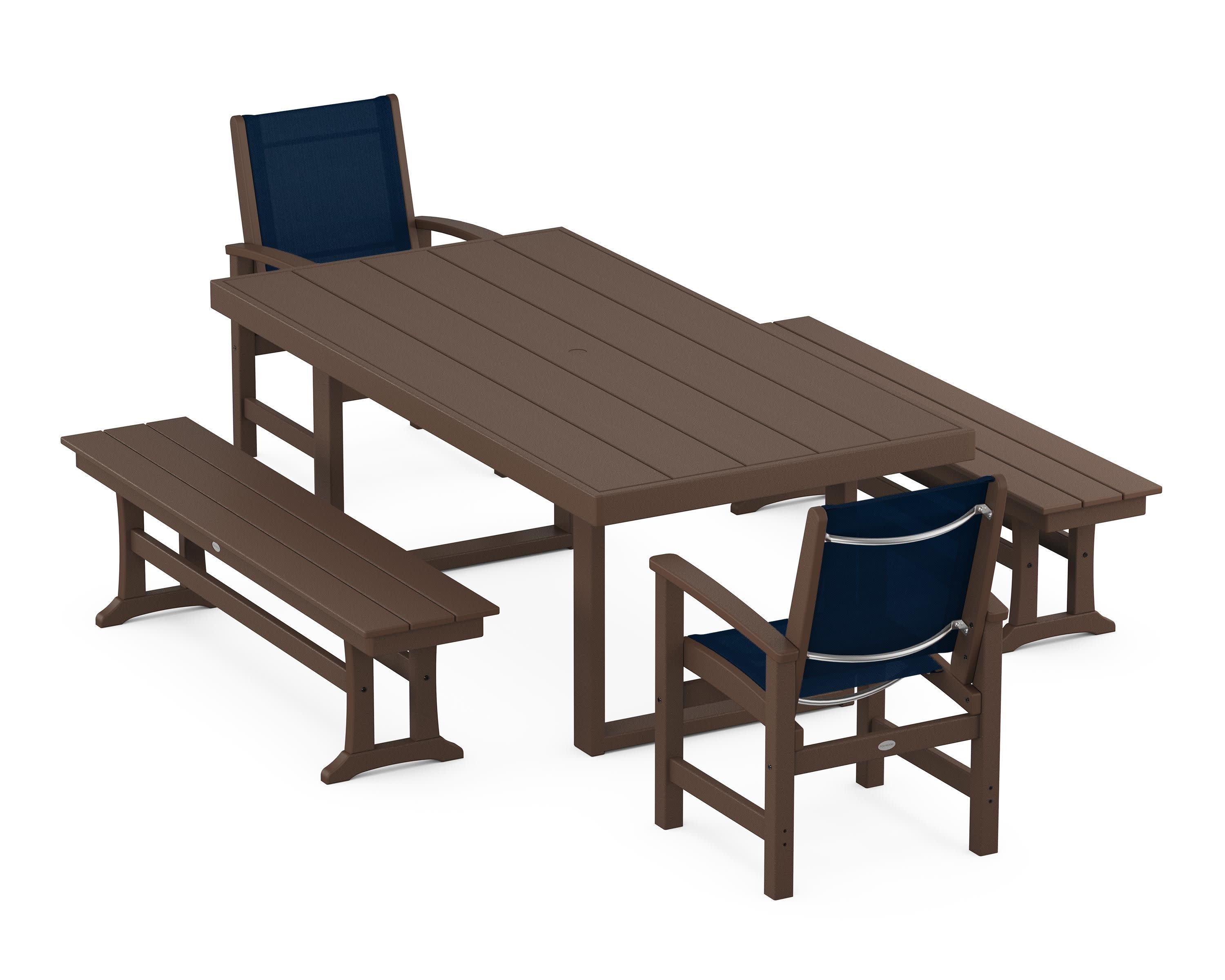 Coastal 5-Piece Dining Set with Trestle Legs in Mahogany / Navy Blue Sling