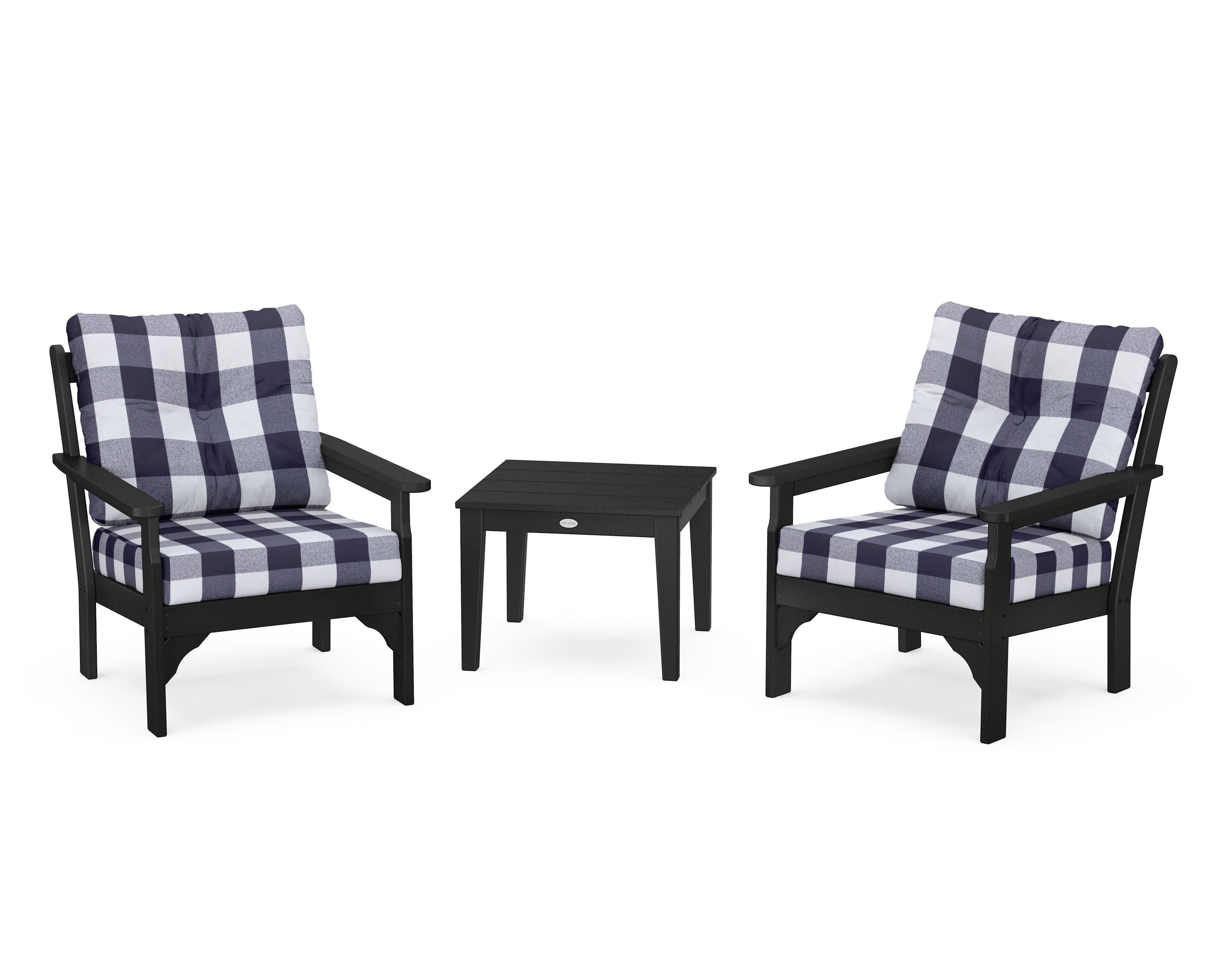 Vineyard 3-Piece Deep Seating Set in Black / Buffalo Plaid Navy
