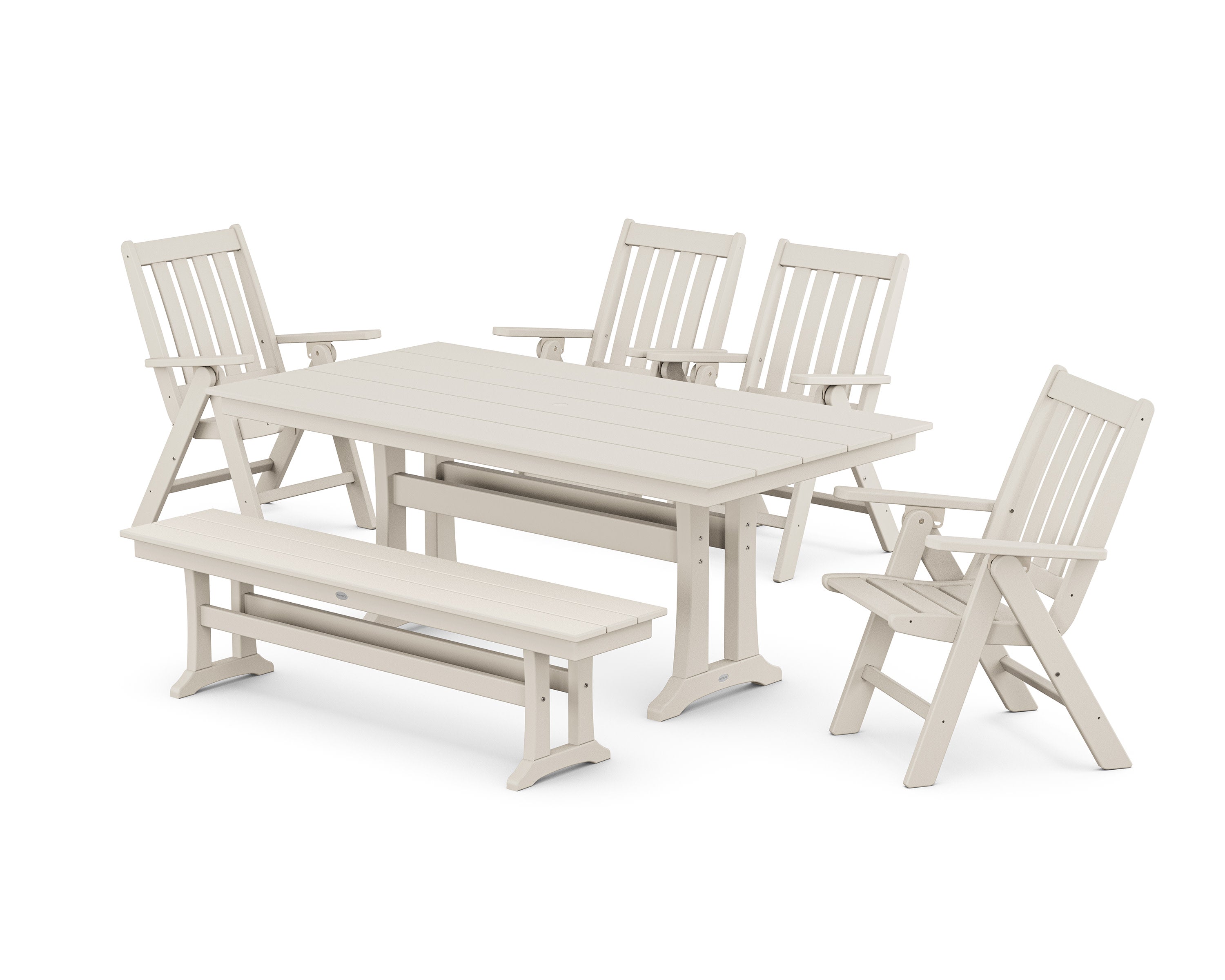 Vineyard 6-Piece Folding Chair Farmhouse Dining Set with Trestle Legs and Bench in Sand