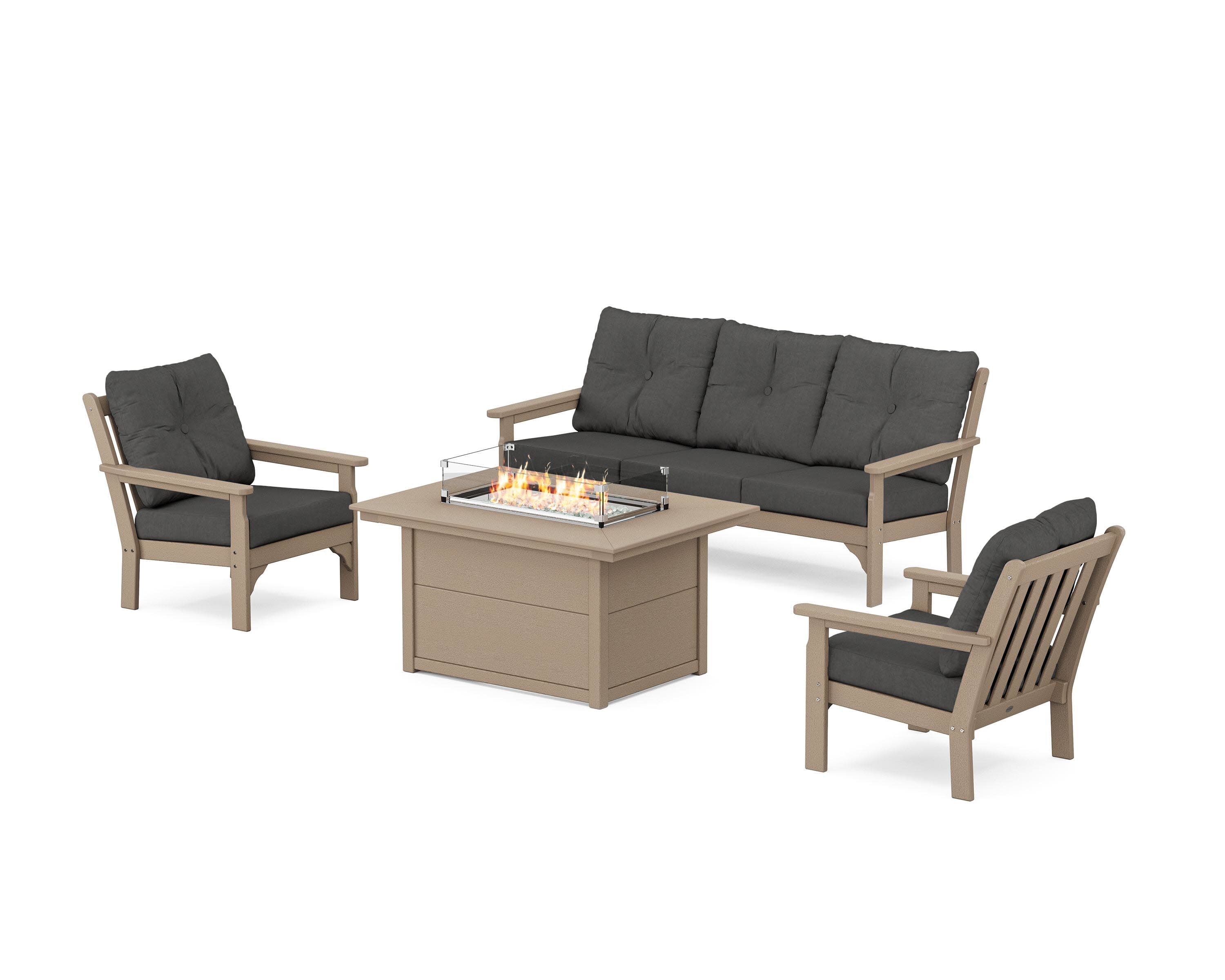 Vineyard Deep Seating Fire Pit Table Set in Vintage Sahara / Spectrum Carbon