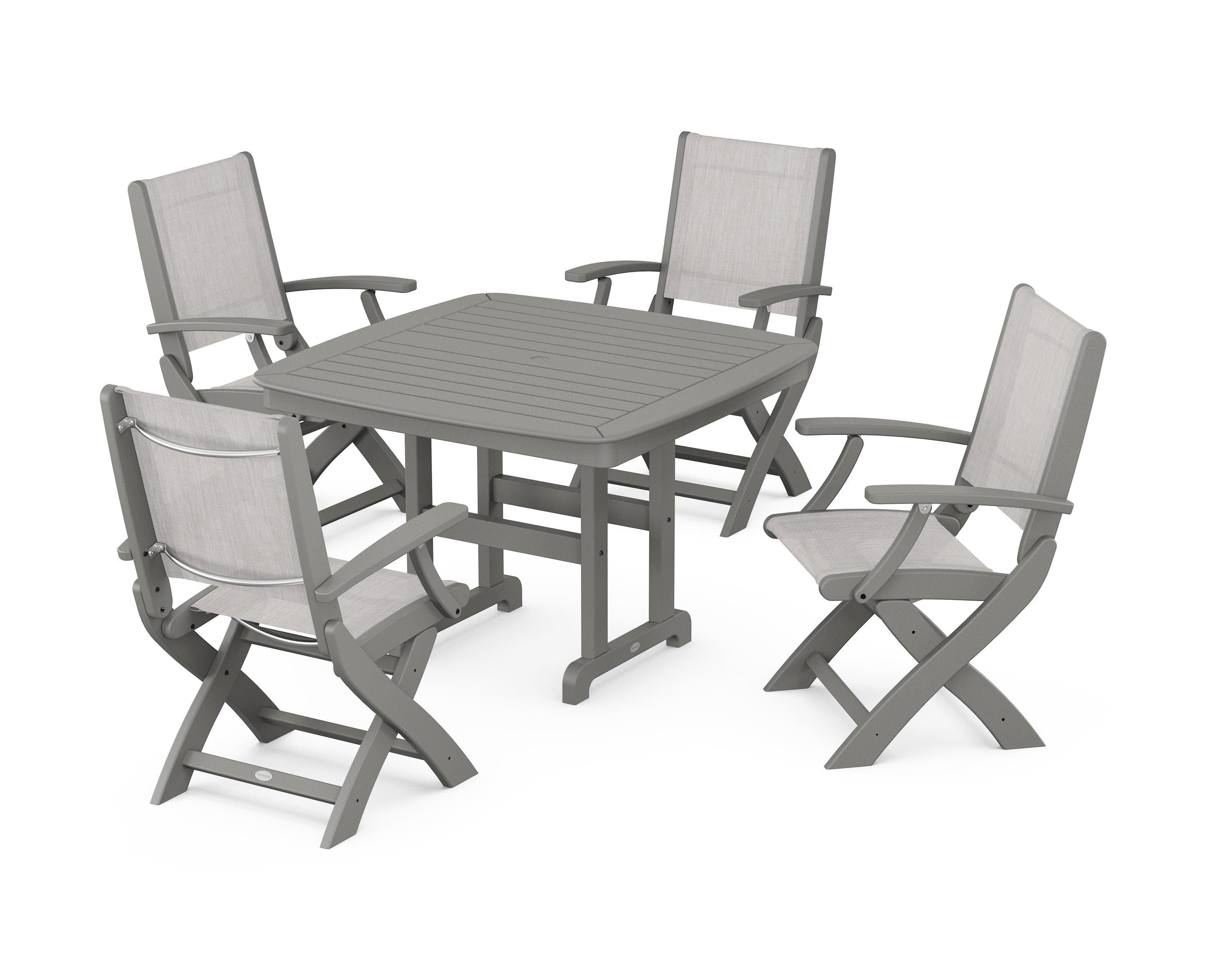 Coastal Folding Chair 5-Piece Dining Set in Slate Grey / Parchment Sling