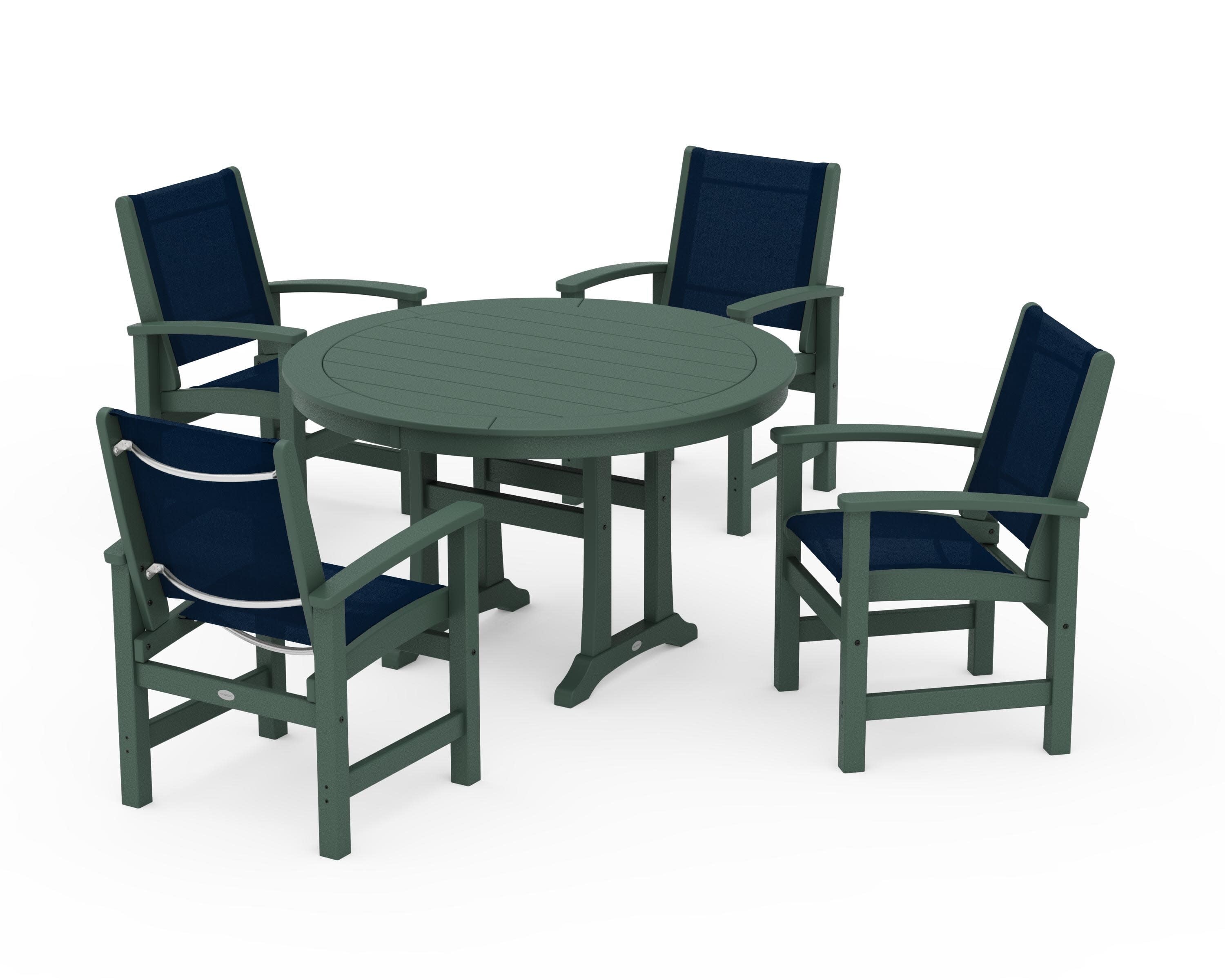 Coastal 5-Piece Round Dining Set with Trestle Legs in Green / Navy Blue Sling