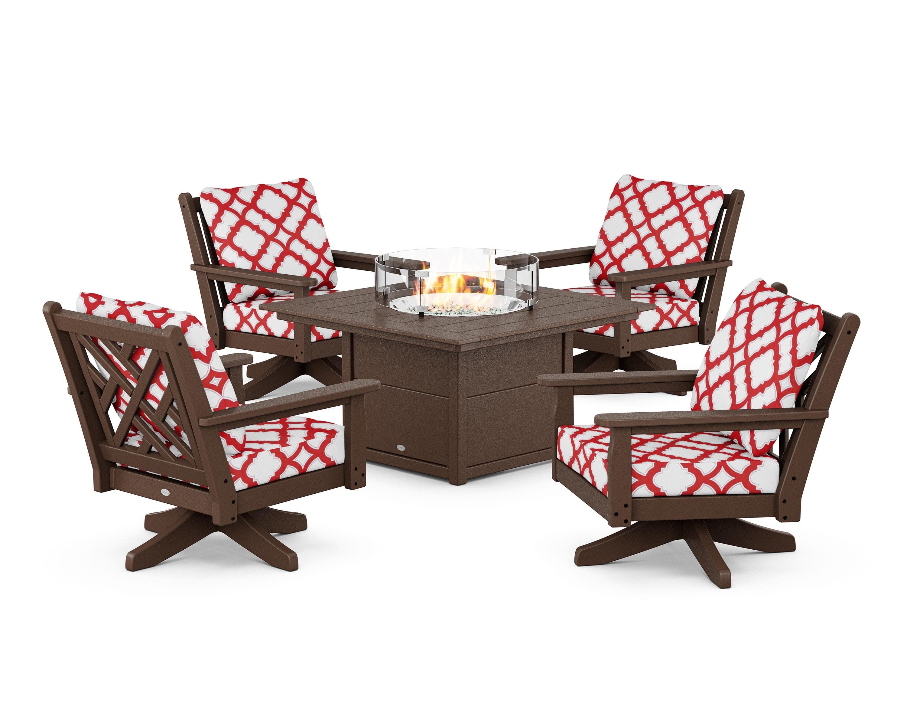 Chippendale 5-Piece Deep Seating Swivel Conversation Set with Fire Pit Table in Mahogany / Trellis Crimson