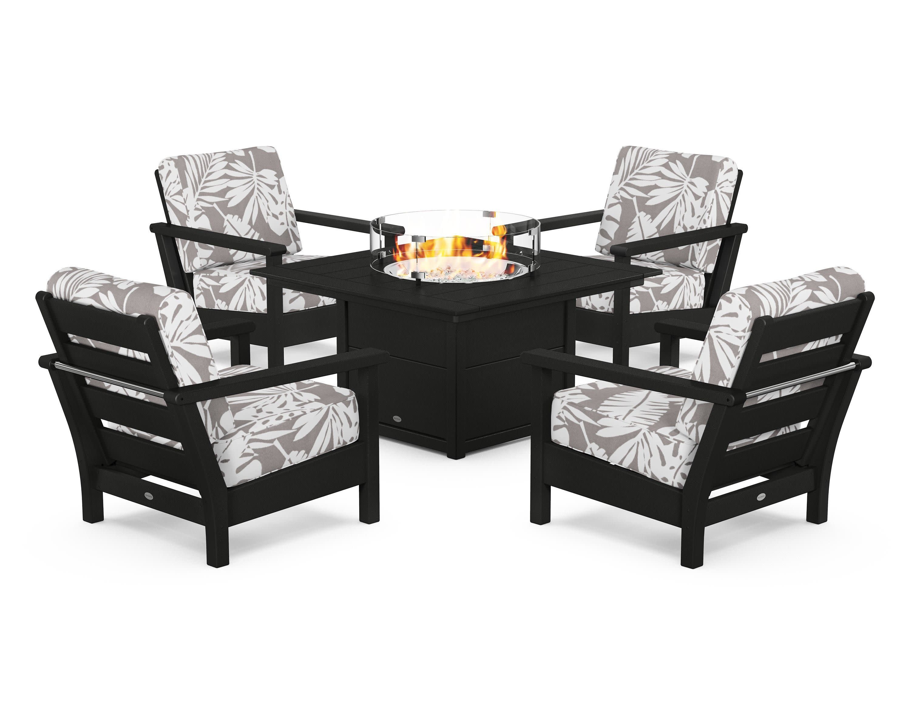 Harbour 5-Piece Conversation Set with Fire Pit Table in Black / Leaf Grey Mist