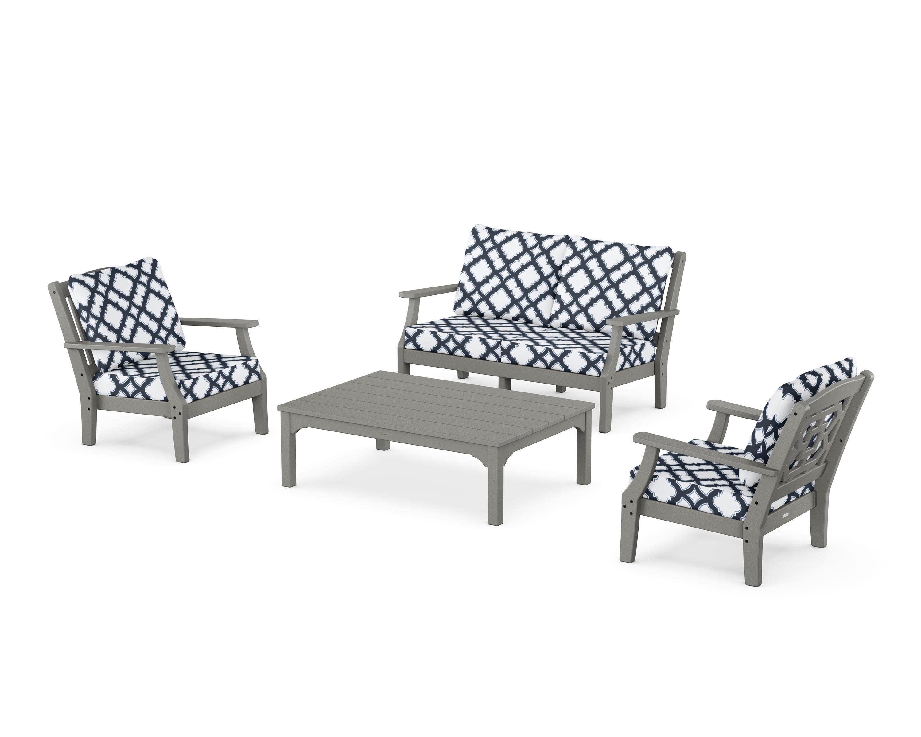 Chinoiserie 4-Piece Deep Seating Set with Loveseat in Slate Grey / Trellis Marine Indigo