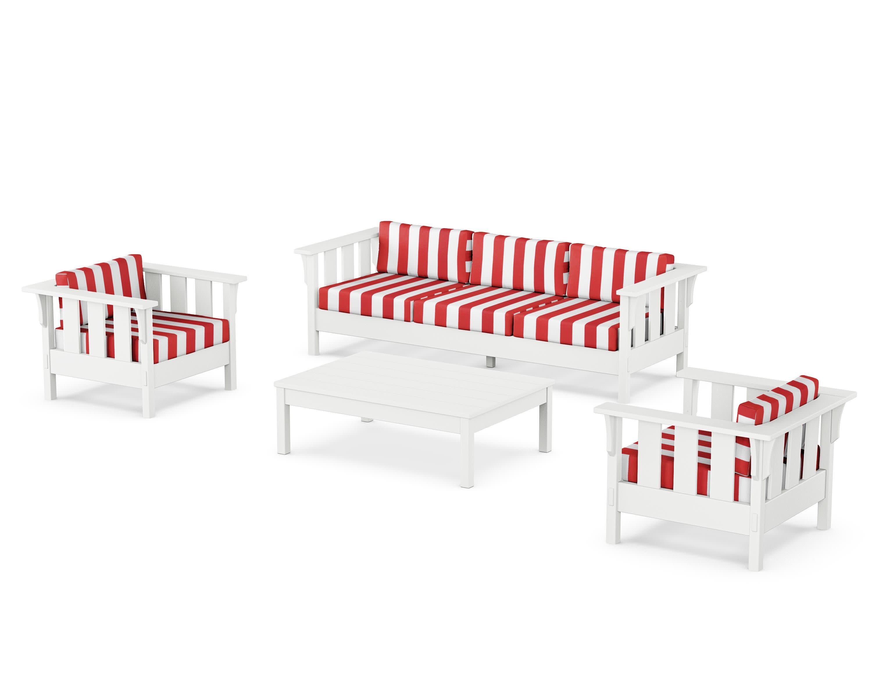 Acadia 4-Piece Deep Seating Set with Sofa in White / Cabana Stripe Crimson