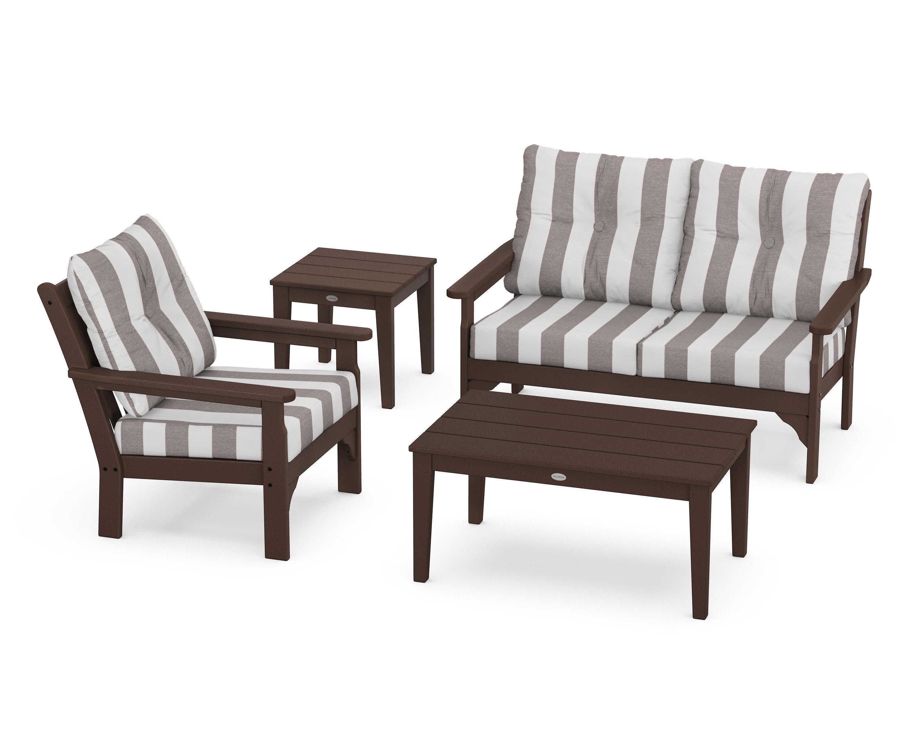 Vineyard 4-Piece Deep Seating Set in Mahogany / Cabana Stripe Grey Mist