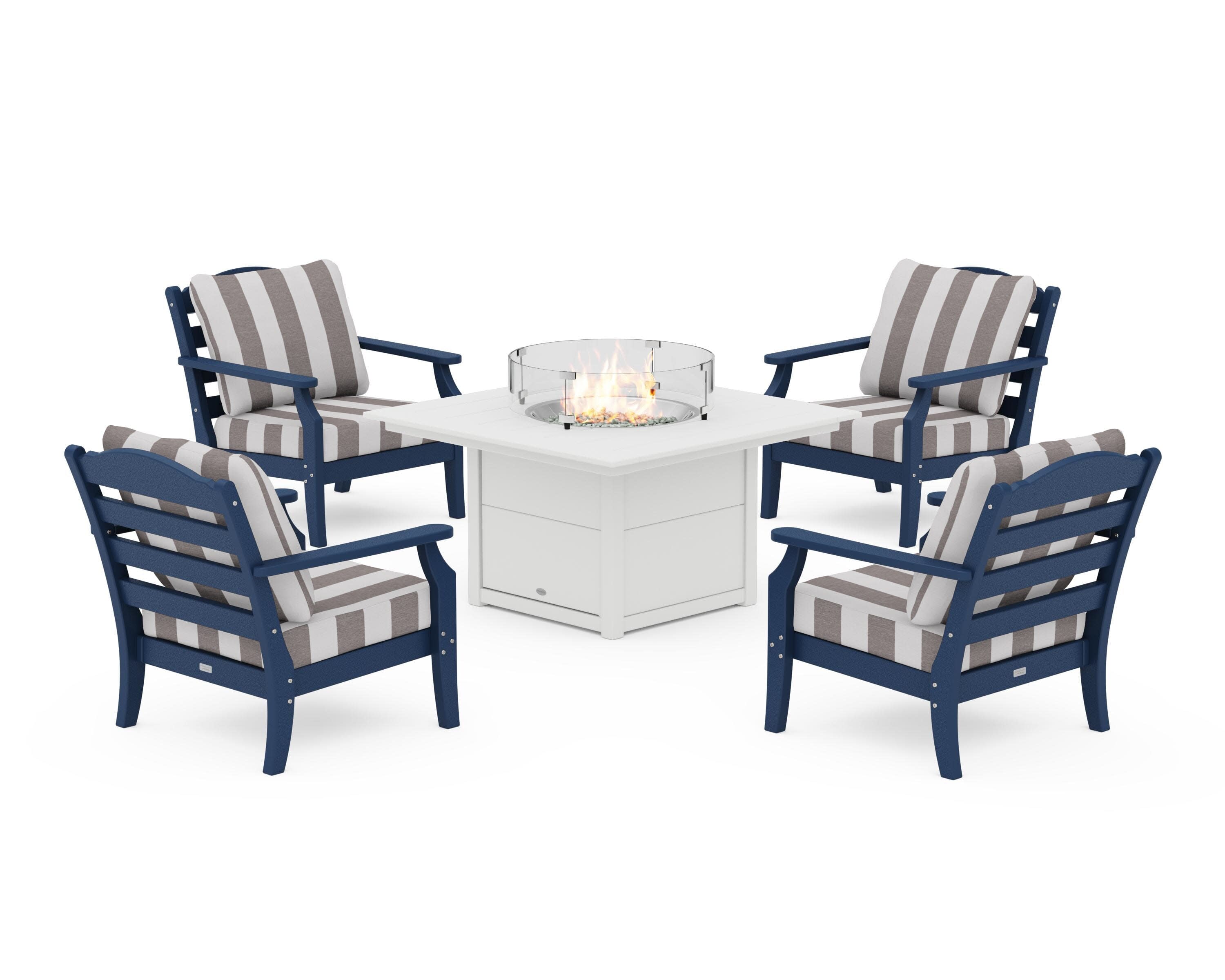 Savannah 5-Piece Deep Seating Set with Fire Pit Table in Navy / Cabana Stripe Grey Mist