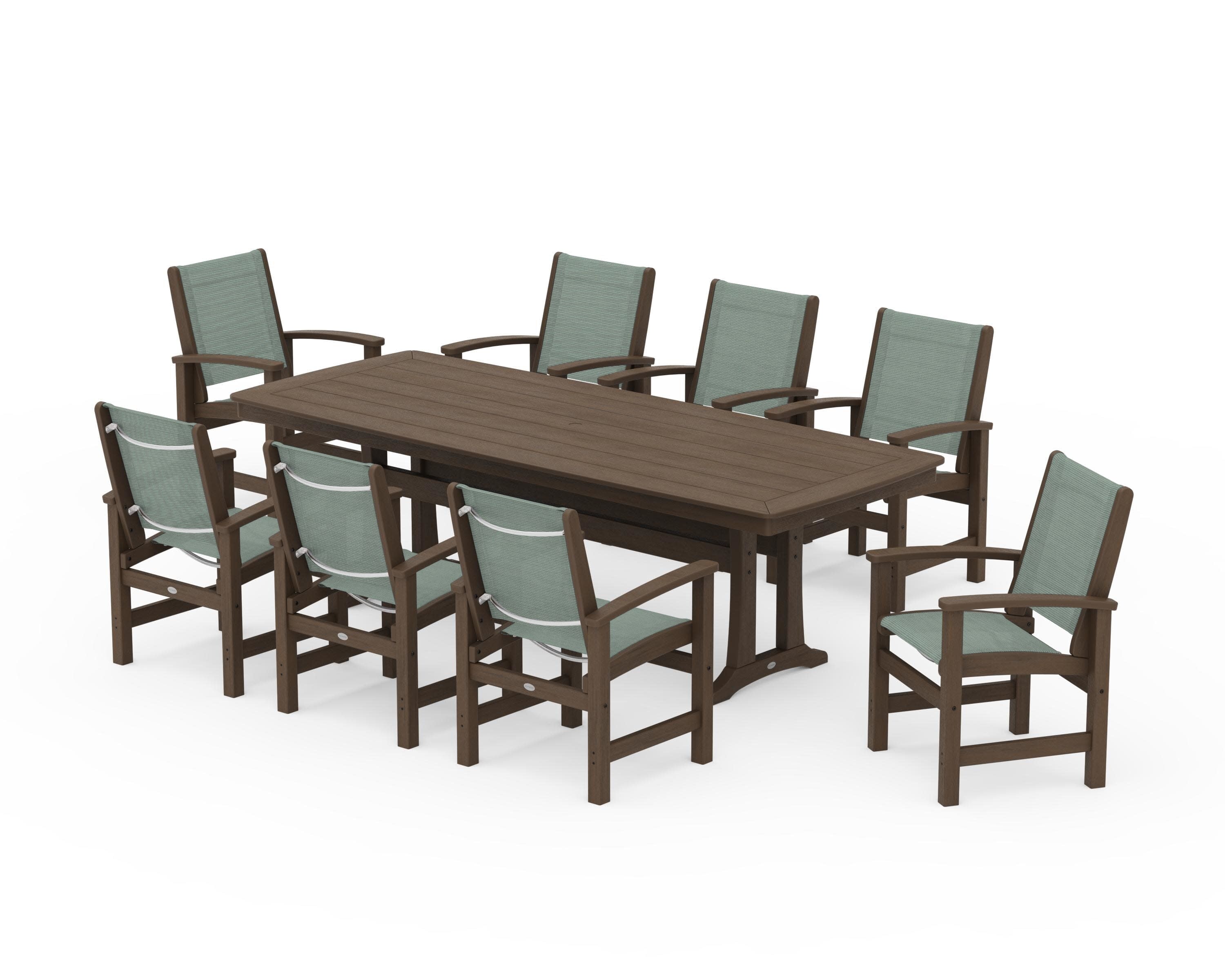 Coastal 9-Piece Dining Set with Trestle Legs in Kona / Dupioni Sea Mist Sling