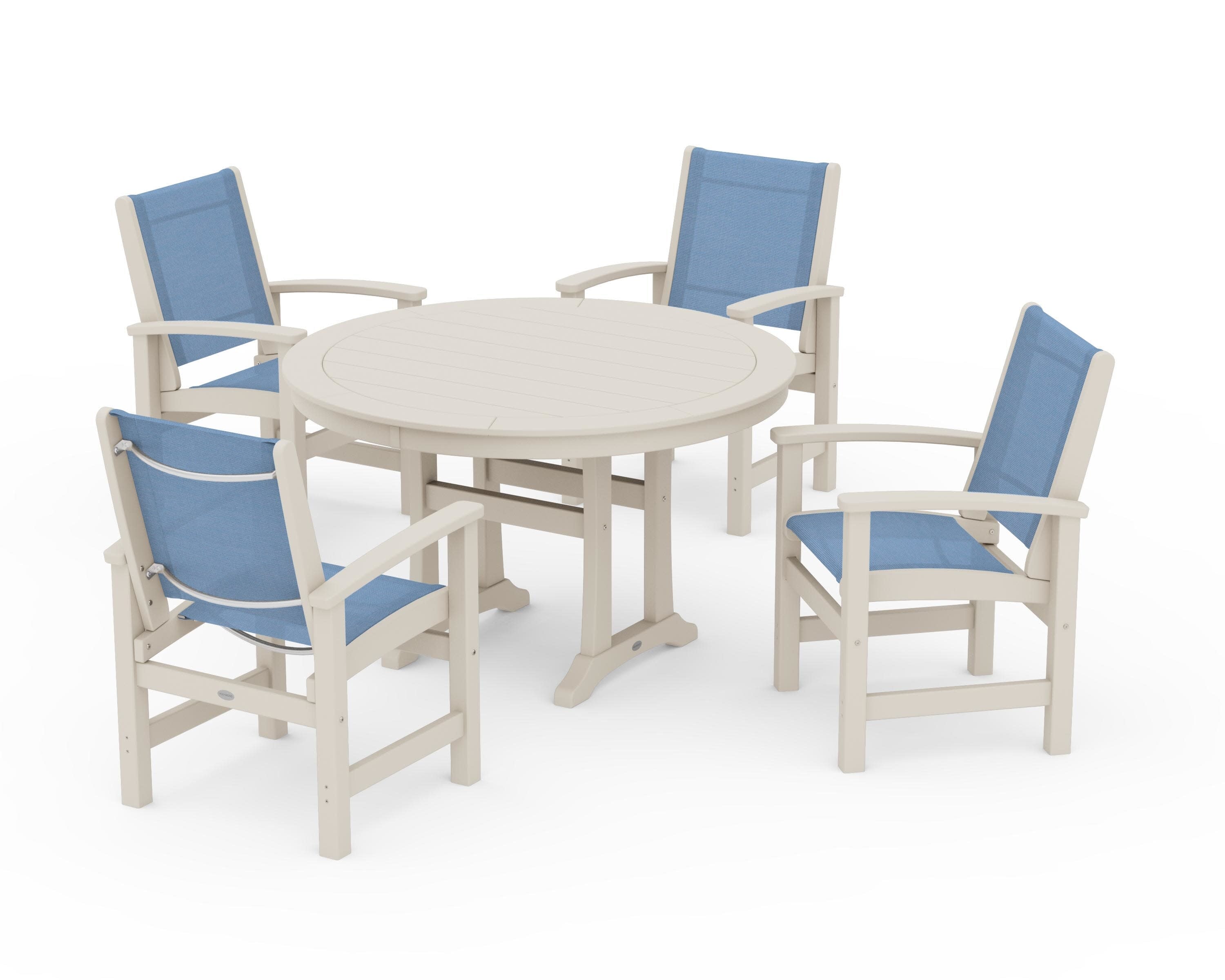 Coastal 5-Piece Round Dining Set with Trestle Legs in Sand / Poolside Sling