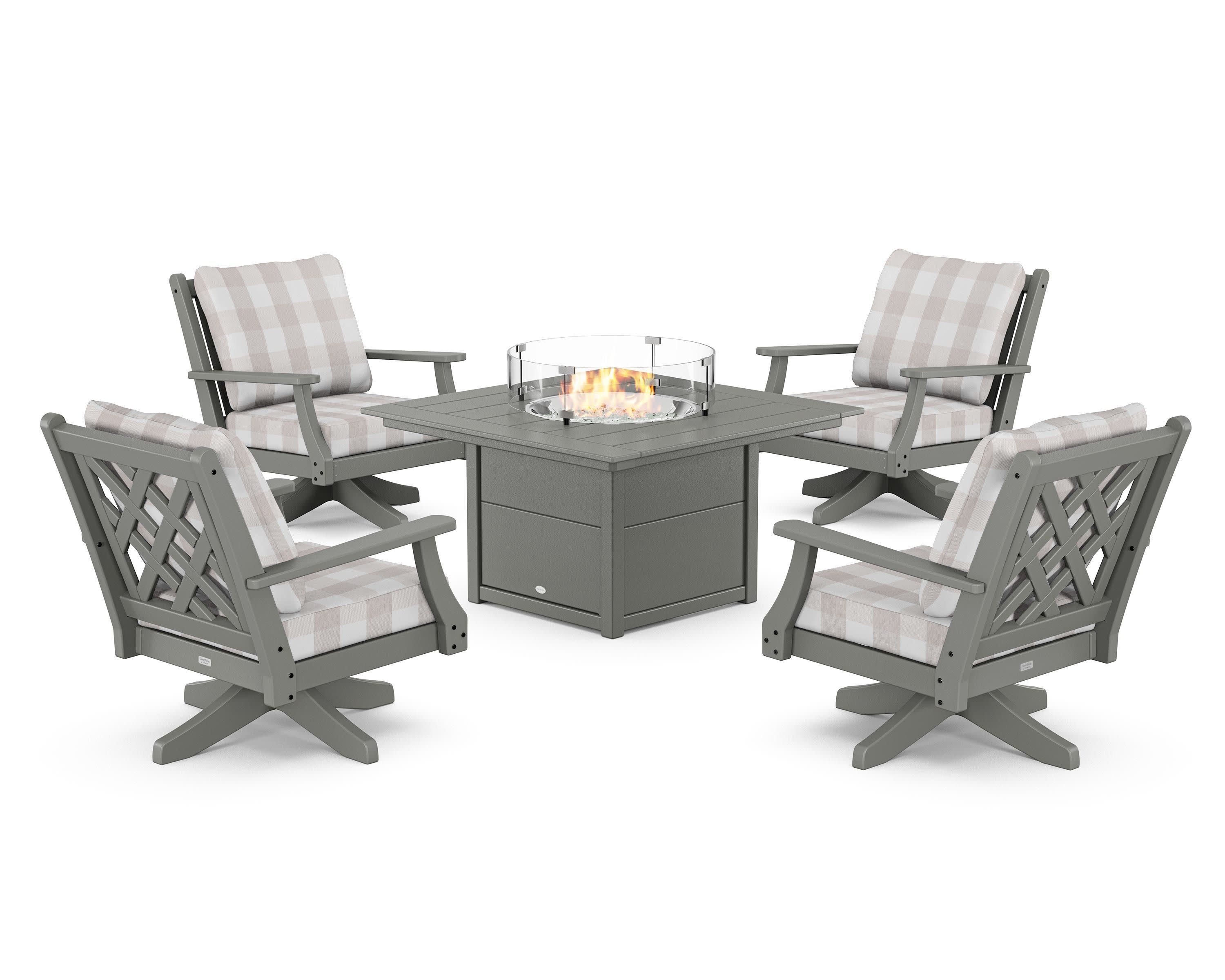 Wovendale 5-Piece Deep Seating Swivel Conversation Set with Fire Pit Table in Slate Grey / Buffalo Plaid Dune Burlap