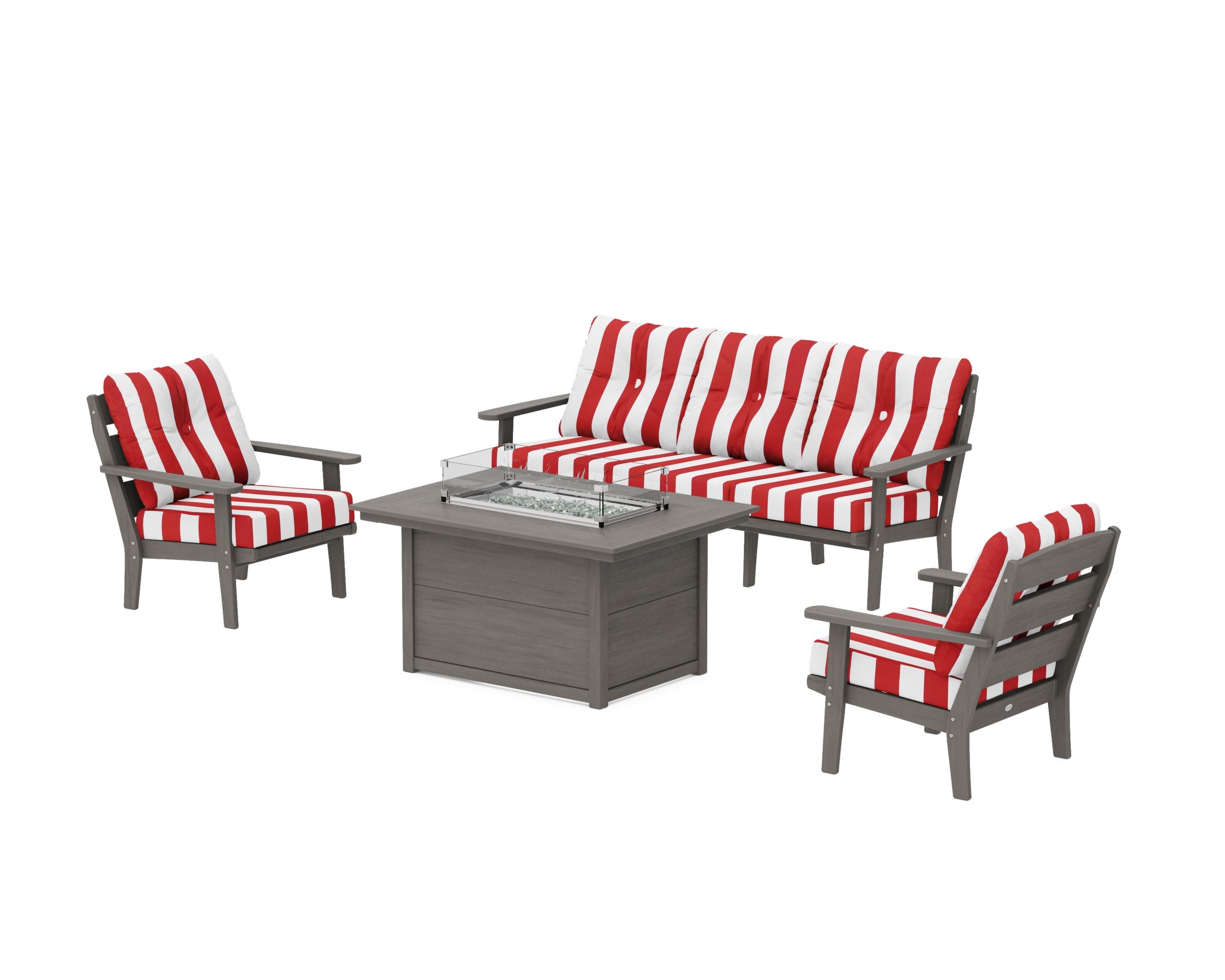 Lakeside Deep Seating Fire Pit Table Set in Driftwood / Cabana Stripe Crimson