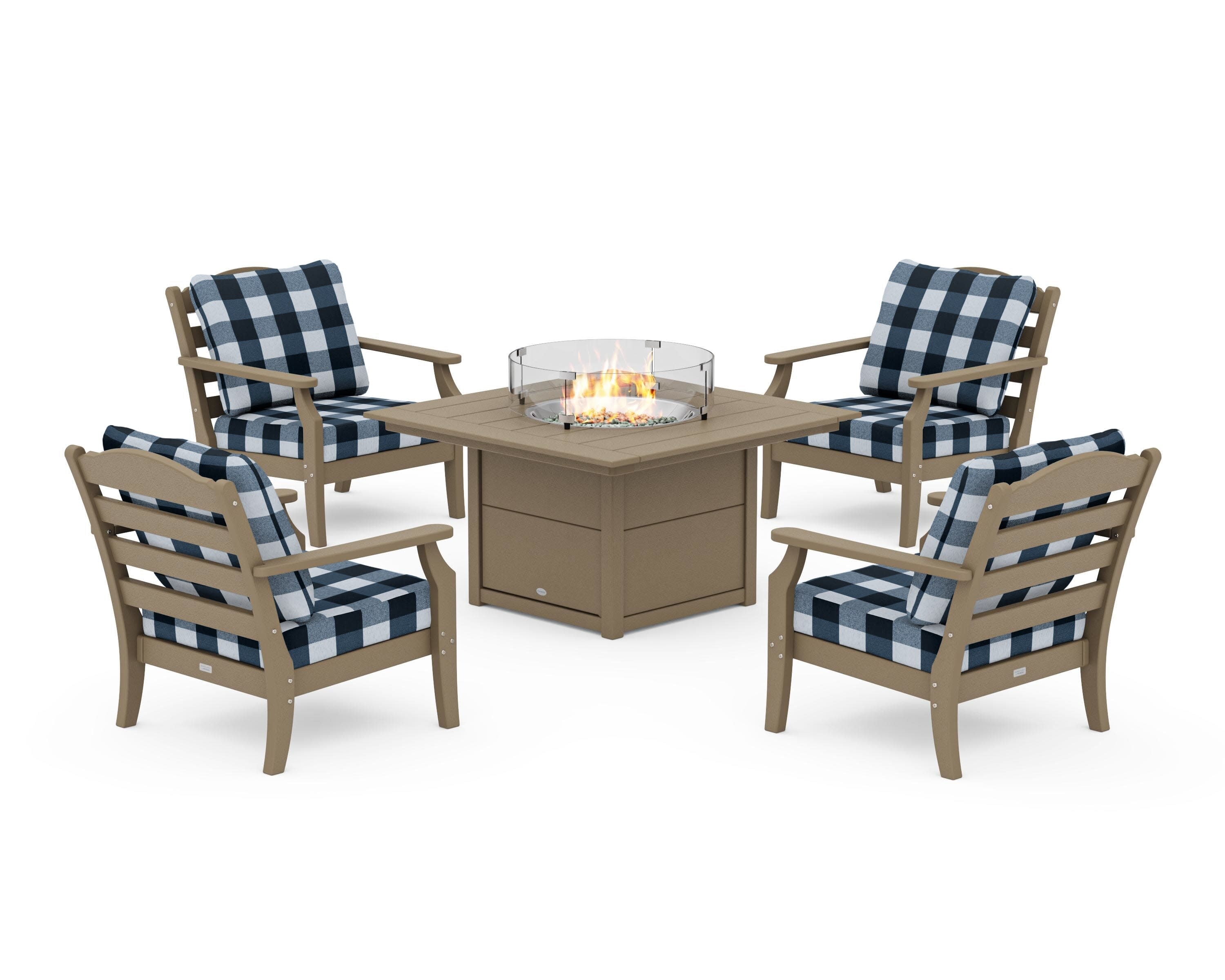 Savannah 5-Piece Deep Seating Set with Fire Pit Table in Vintage Sahara / Buffalo Plaid Marine Indigo