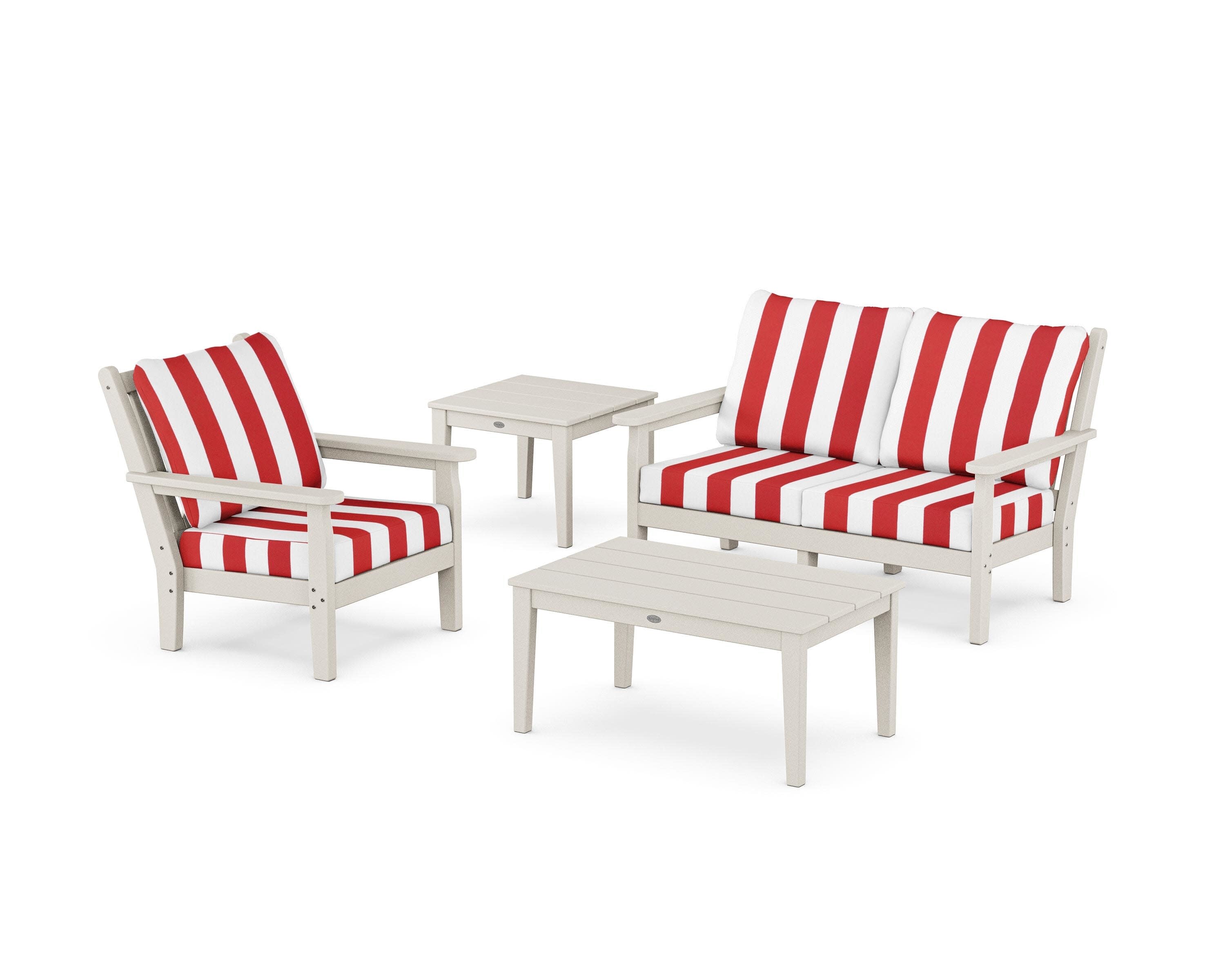 Chippendale 4-Piece Deep Seating Set in Sand / Cabana Stripe Crimson