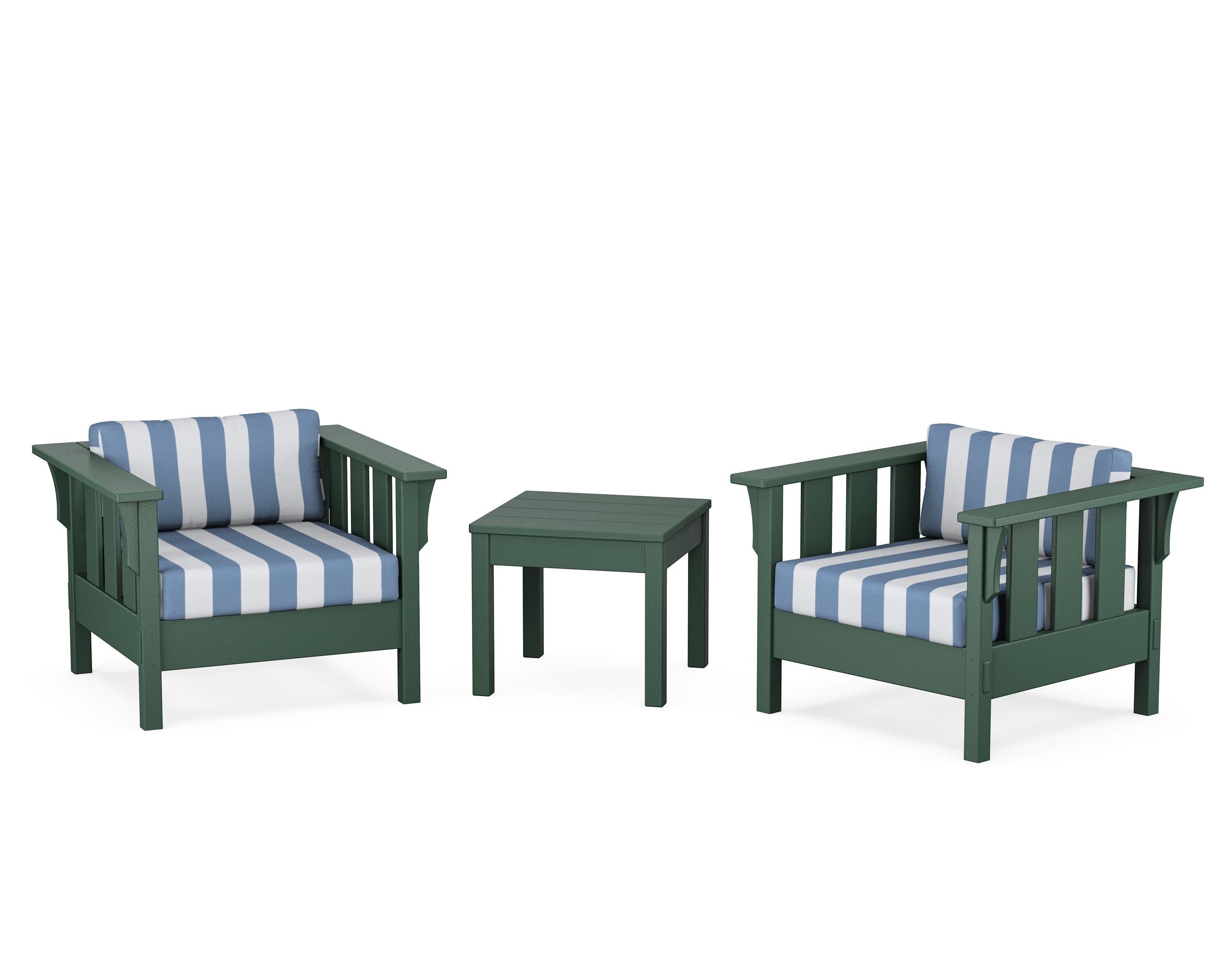 Acadia 3-Piece Deep Seating Set in Green / Cabana Stripe Sky Blue