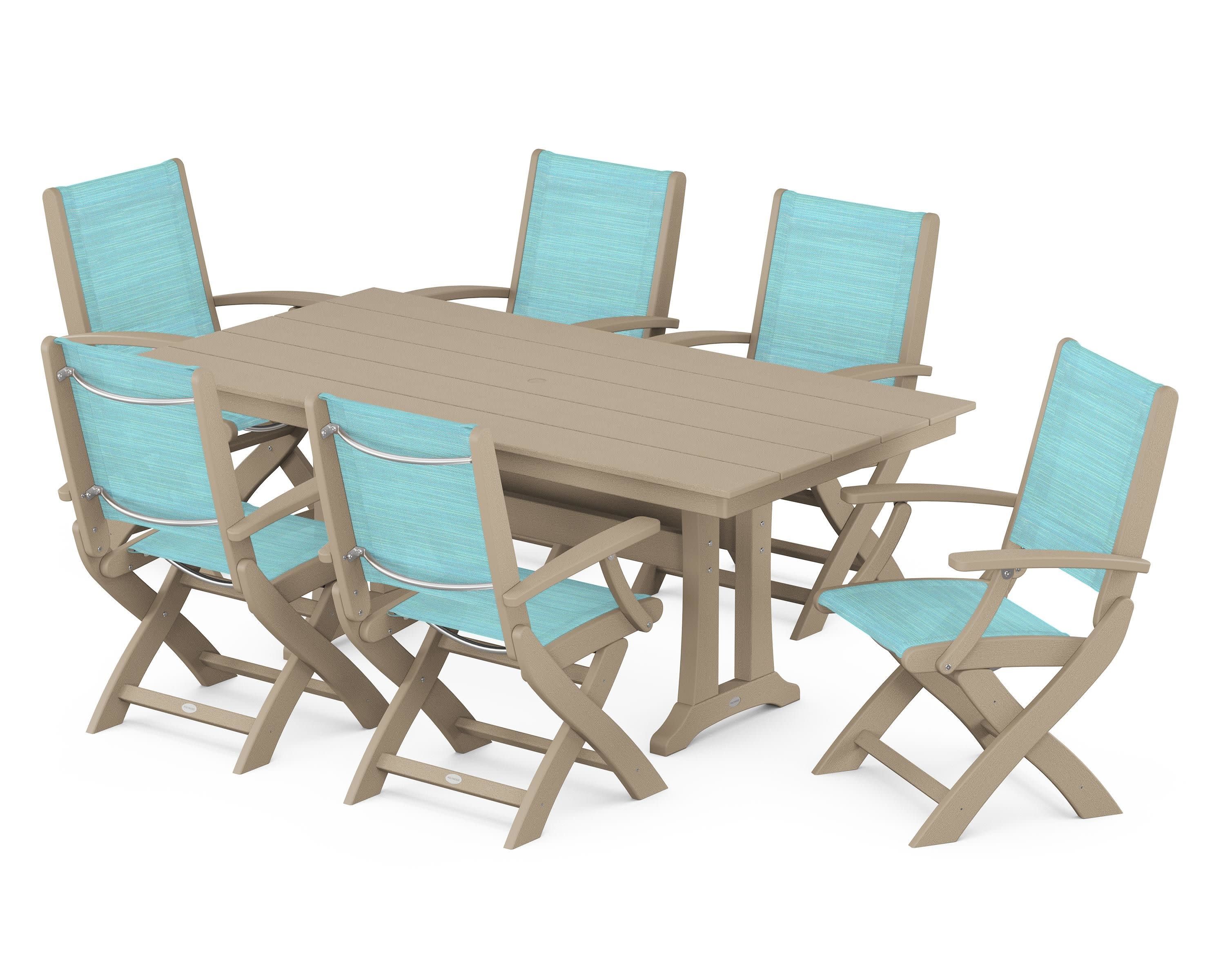 Coastal Folding Arm Chair 7-Piece Farmhouse Dining Set with Trestle Legs in Vintage Sahara / Dupioni Aquamarine Sling