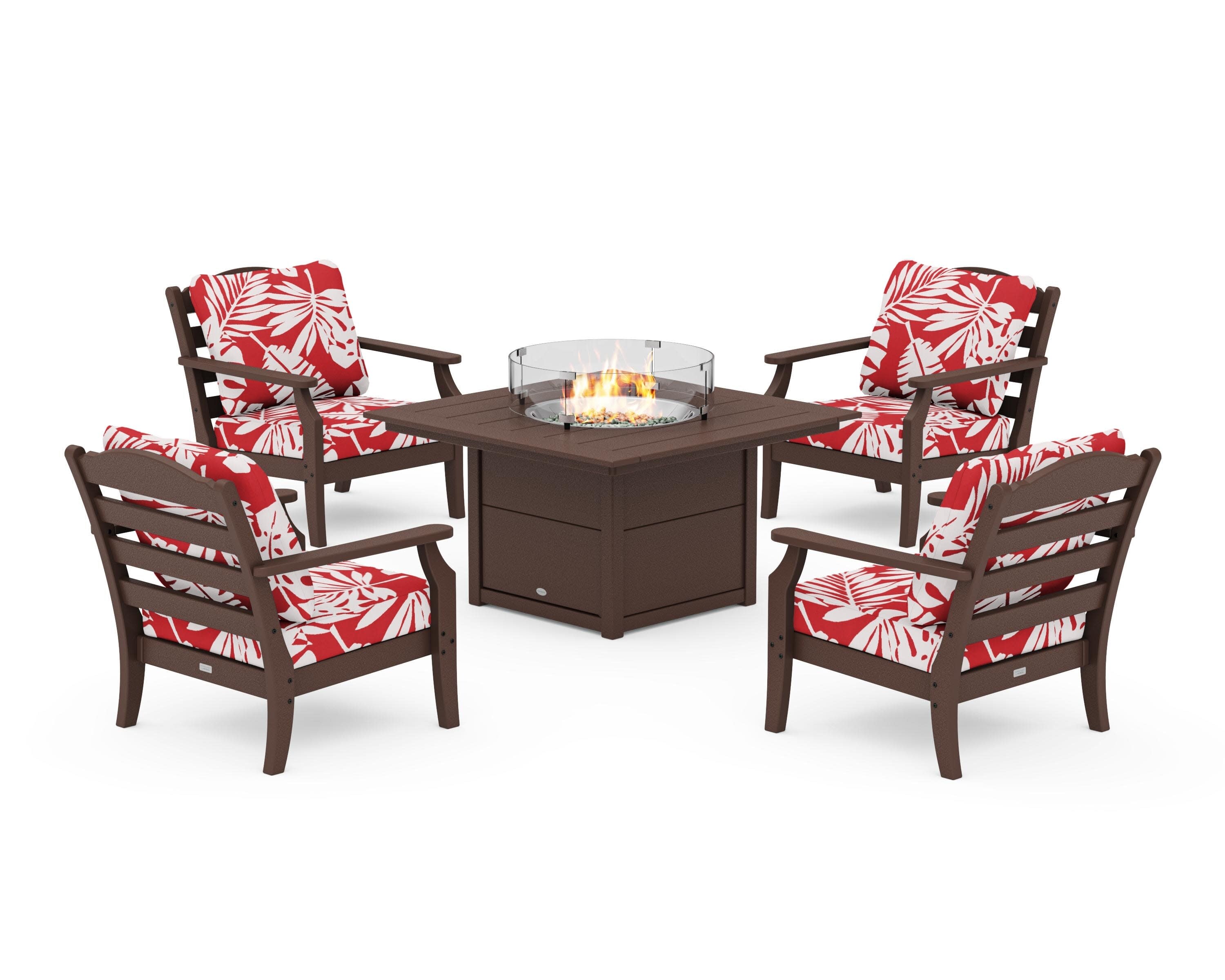 Savannah 5-Piece Deep Seating Set with Fire Pit Table in Mahogany / Leaf Crimson