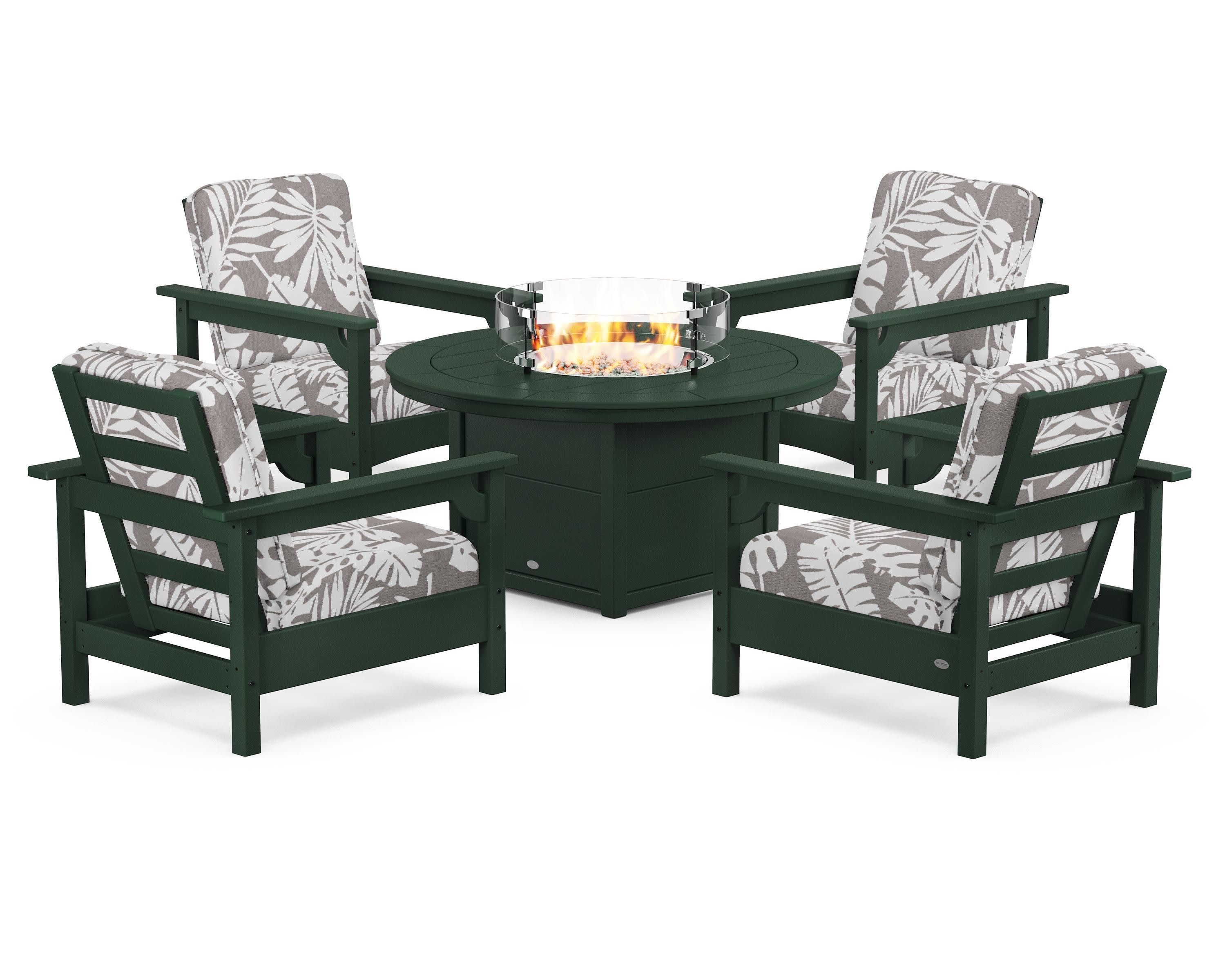 Club 5-Piece Conversation Set with Fire Pit Table in Green / Leaf Grey Mist
