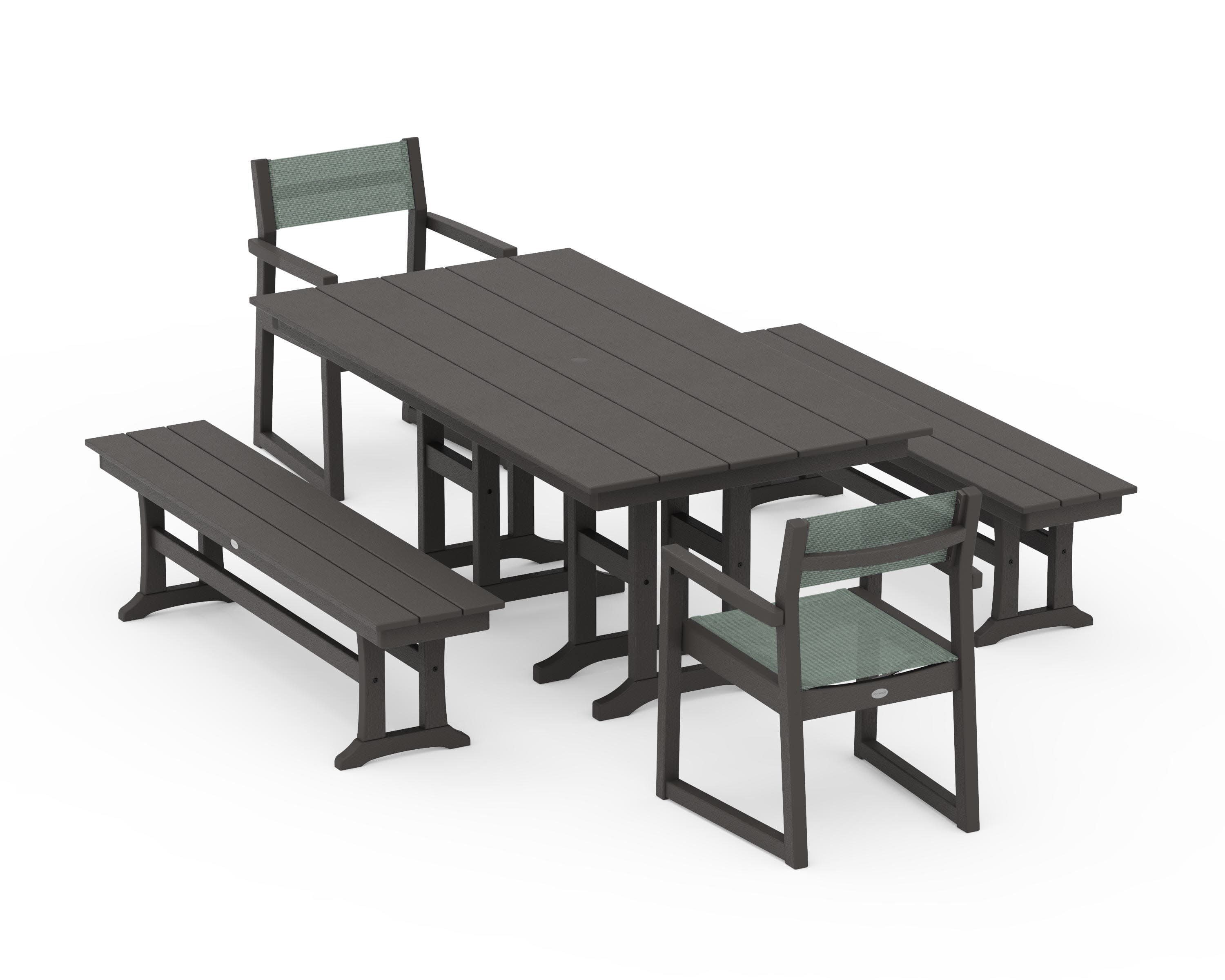 EDGE Sling Arm Chair 5-Piece Farmhouse Dining Set with Benches in Vintage Coffee / Dupioni Sea Mist Sling