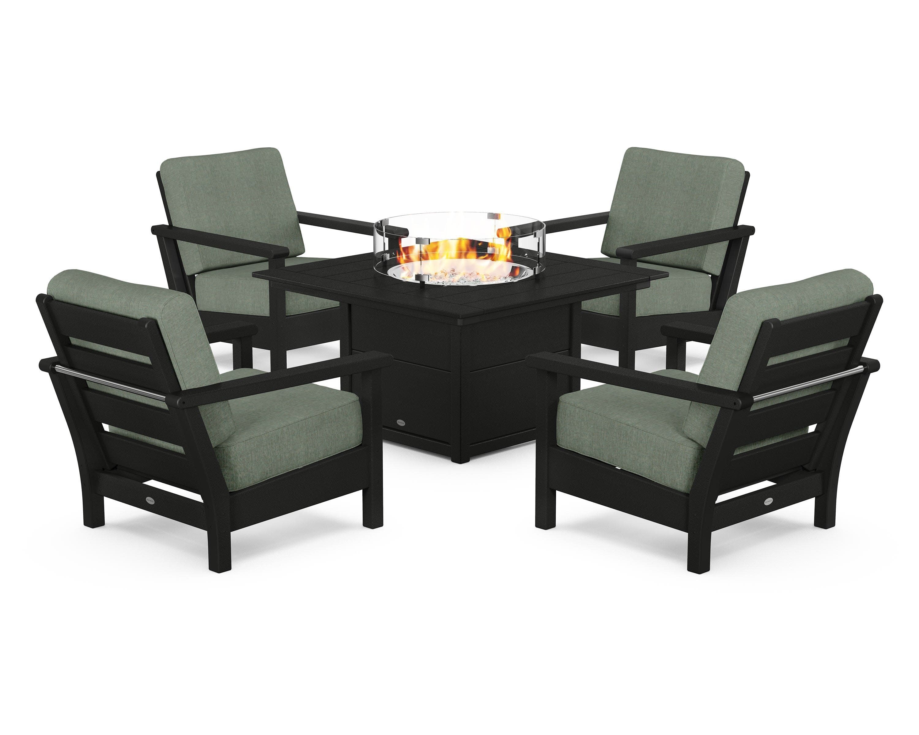 Harbour 5-Piece Conversation Set with Fire Pit Table in Black / Cast Sage