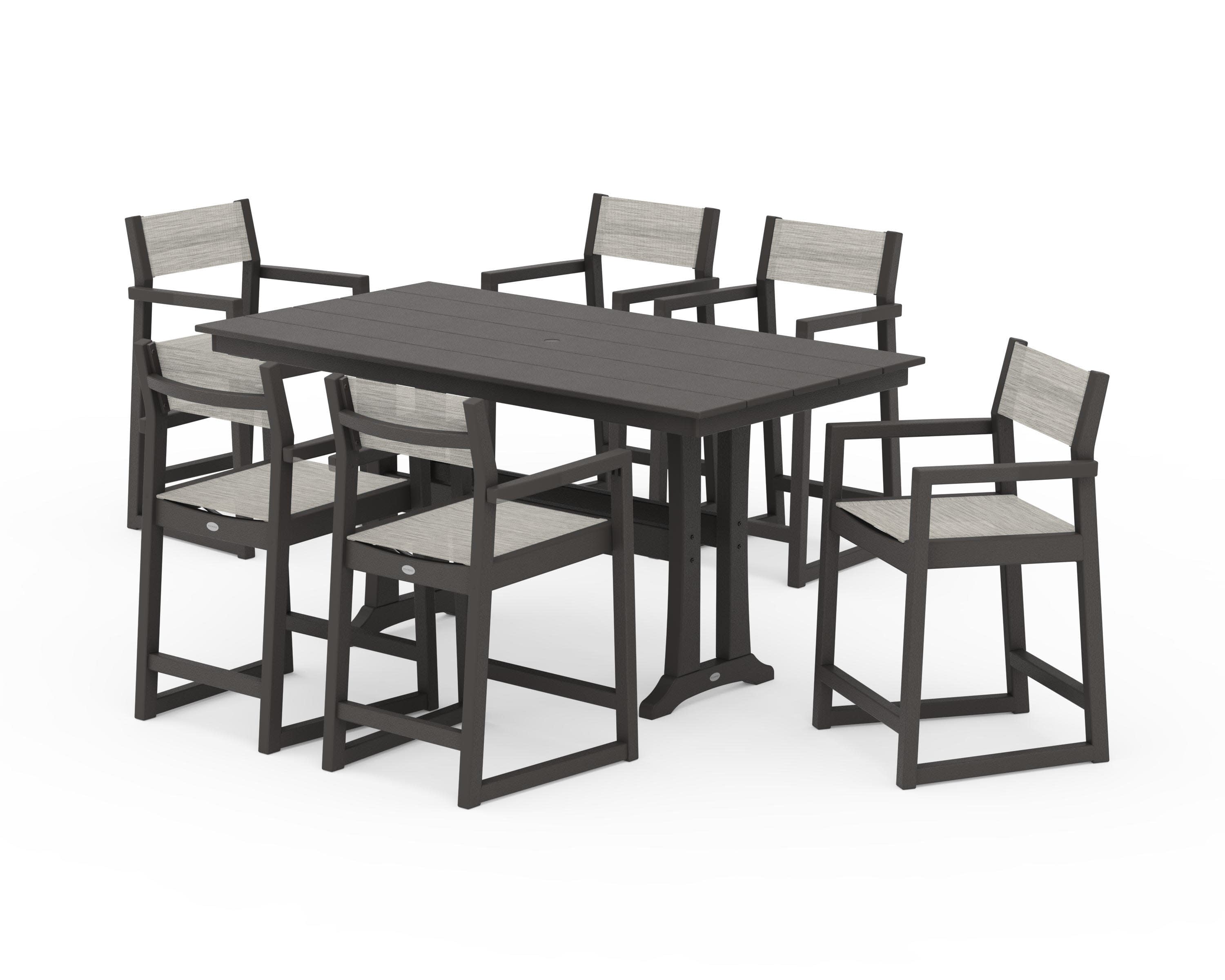 EDGE Sling Arm Chair 7-Piece Farmhouse Counter Set with Trestle Legs in Vintage Coffee / Birch Sling