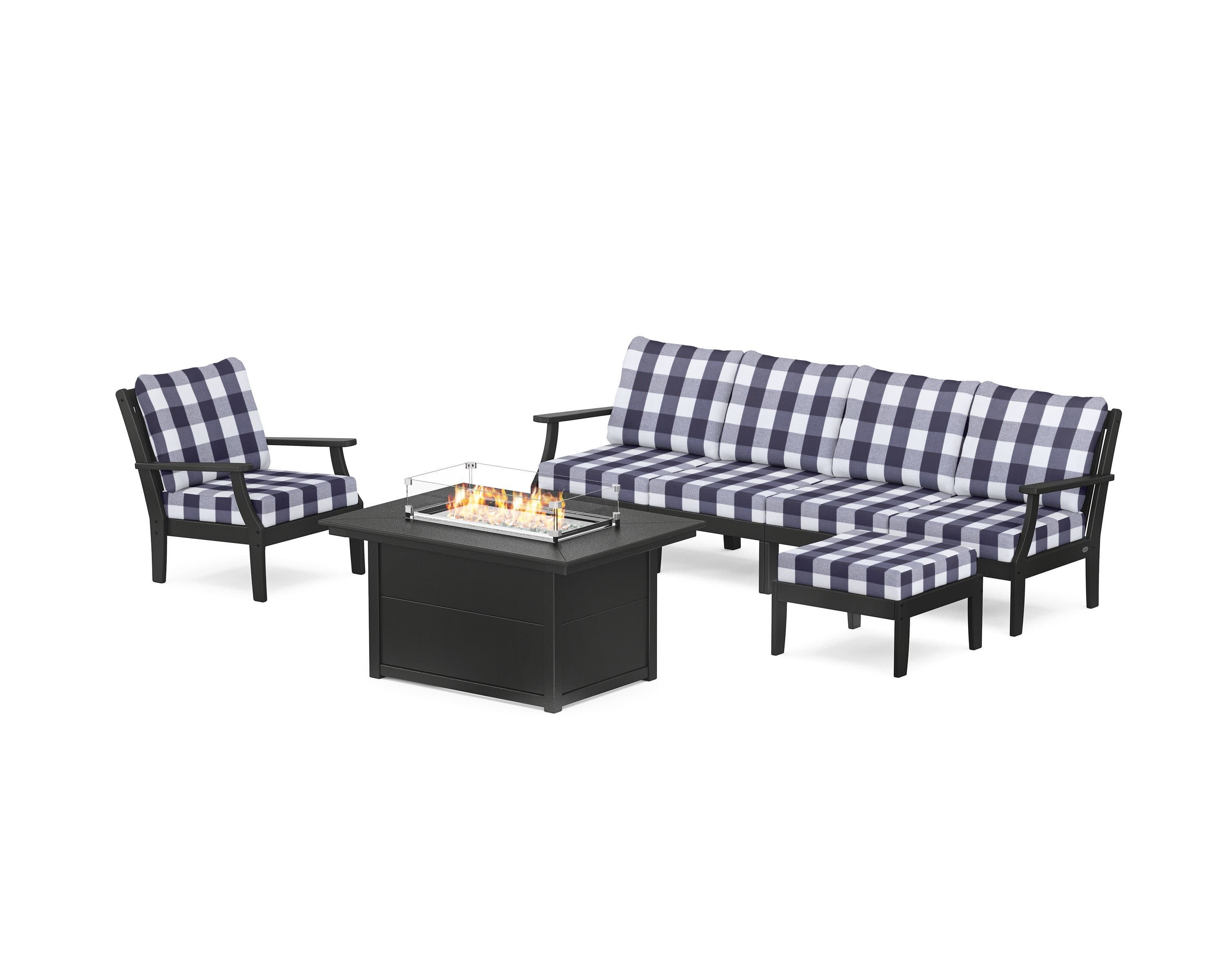 Braxton Sectional Lounge and Fire Pit Set in Black / Buffalo Plaid Navy