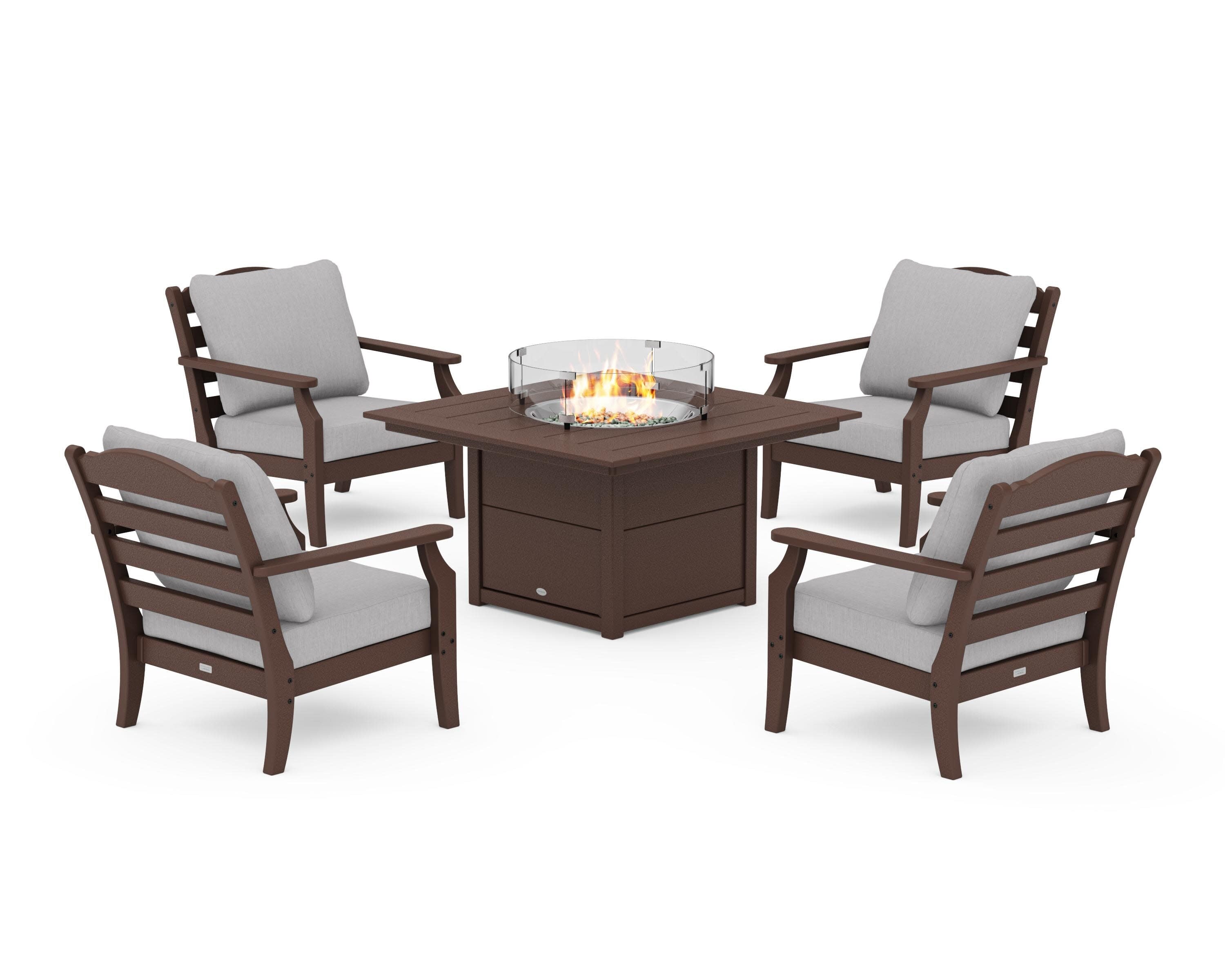 Savannah 5-Piece Deep Seating Set with Fire Pit Table in Mahogany / Granite