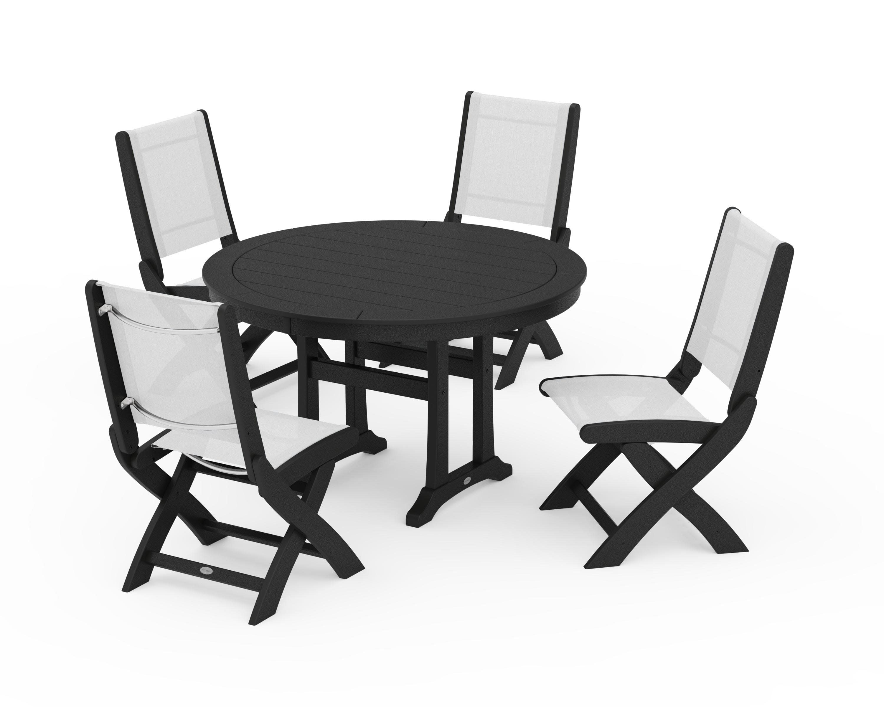 Coastal Folding Side Chair 5-Piece Round Dining Set With Trestle Legs in Black / White Sling